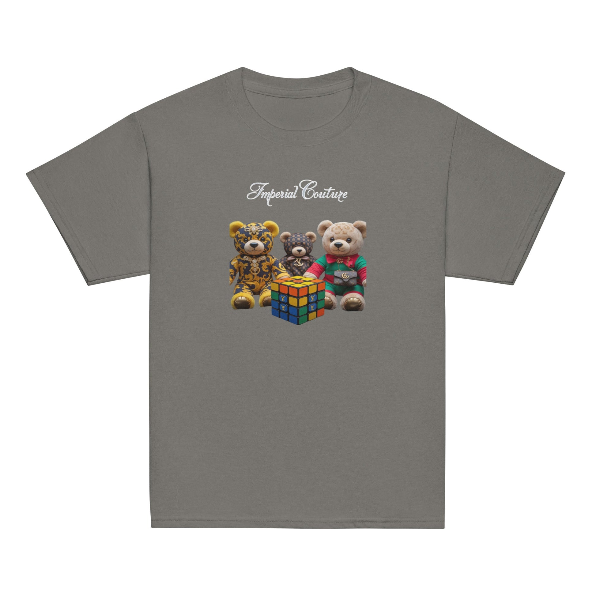 Youth classic tee featuring playful teddy bear design and Rubik's Cube graphic, ideal for kids' everyday adventures.