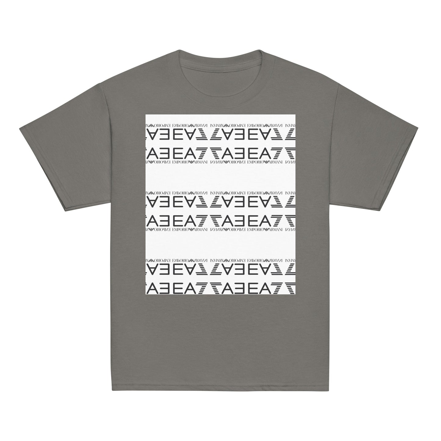 Youth classic tee in dark gray featuring a white geometric design, made from 100% cotton with OEKO-TEX certified dyes.