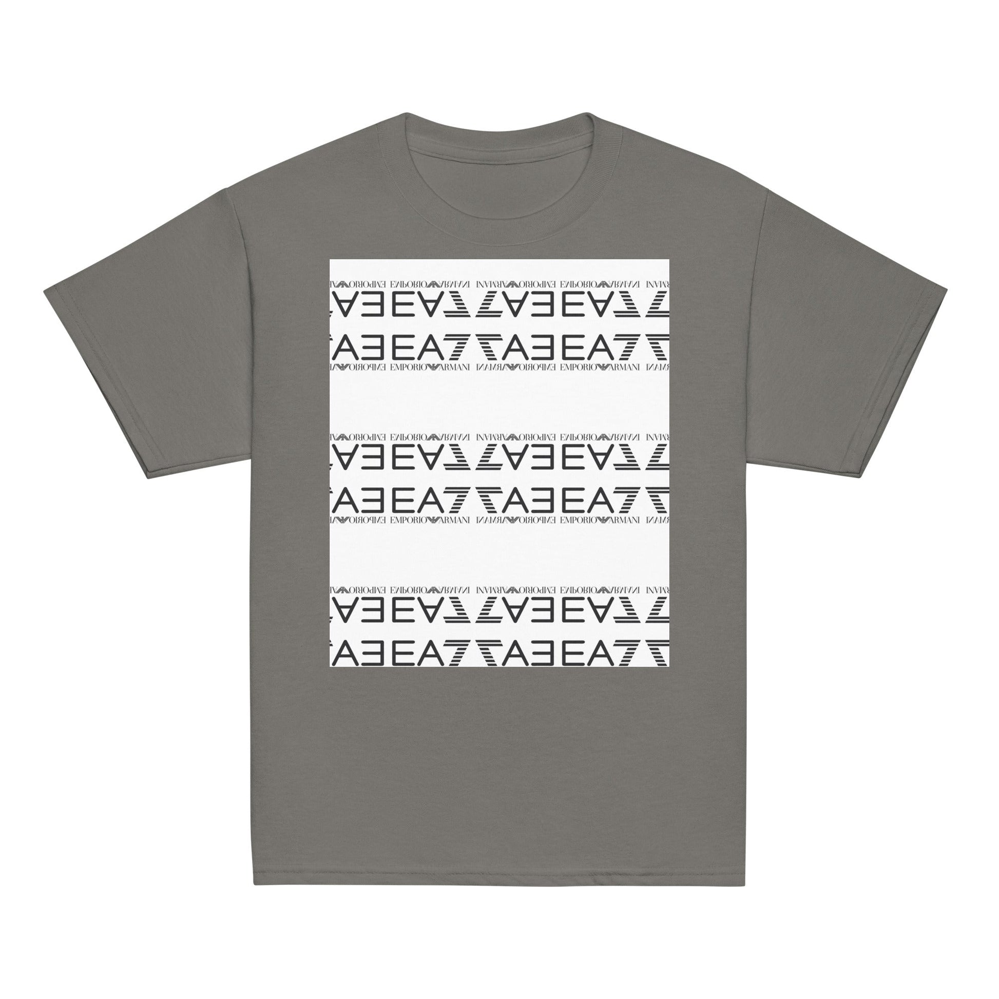 Youth classic tee in dark gray featuring a white geometric design, made from 100% cotton with OEKO-TEX certified dyes.