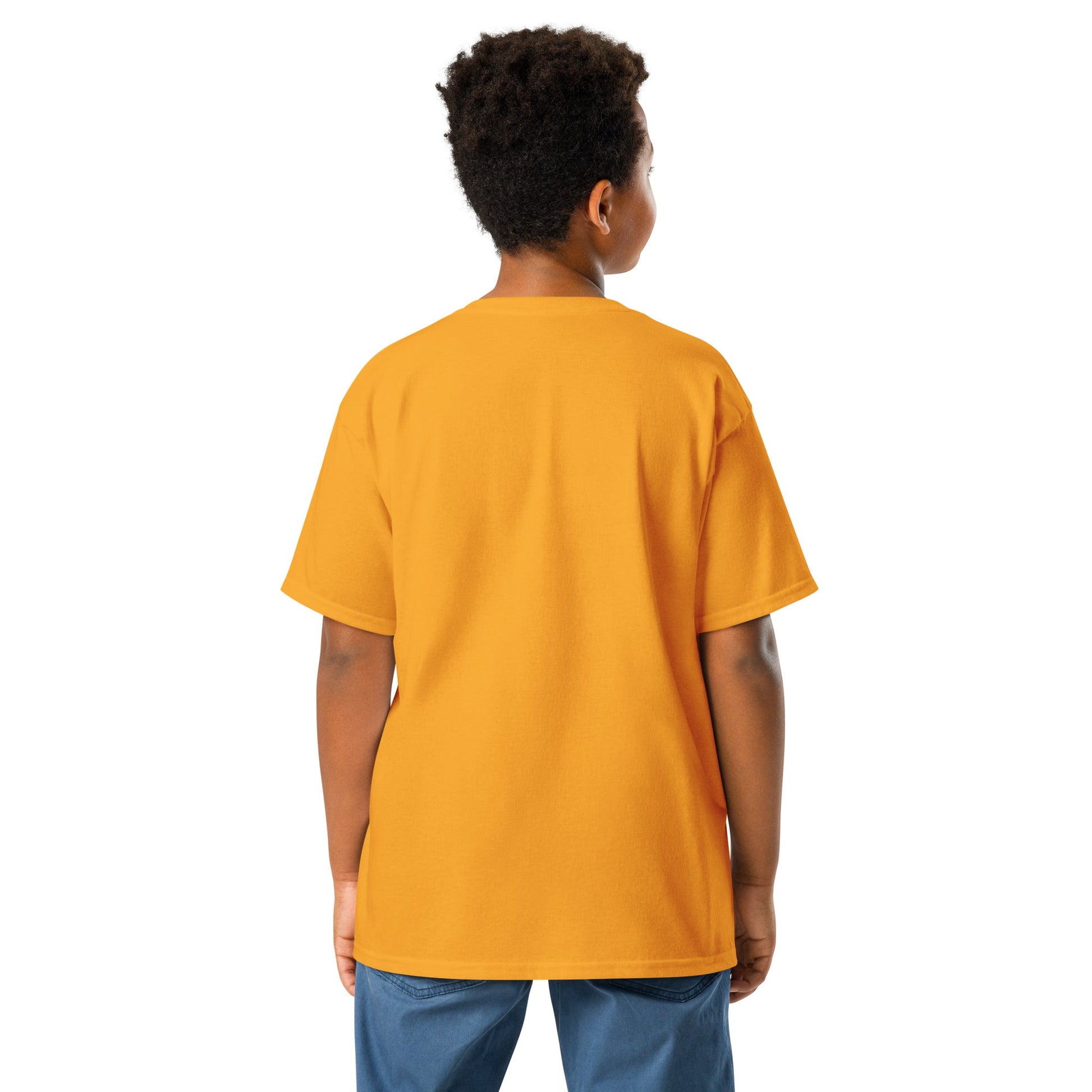 JW bear Youth classic tee in mustard yellow, shown from the back, worn by a child.
