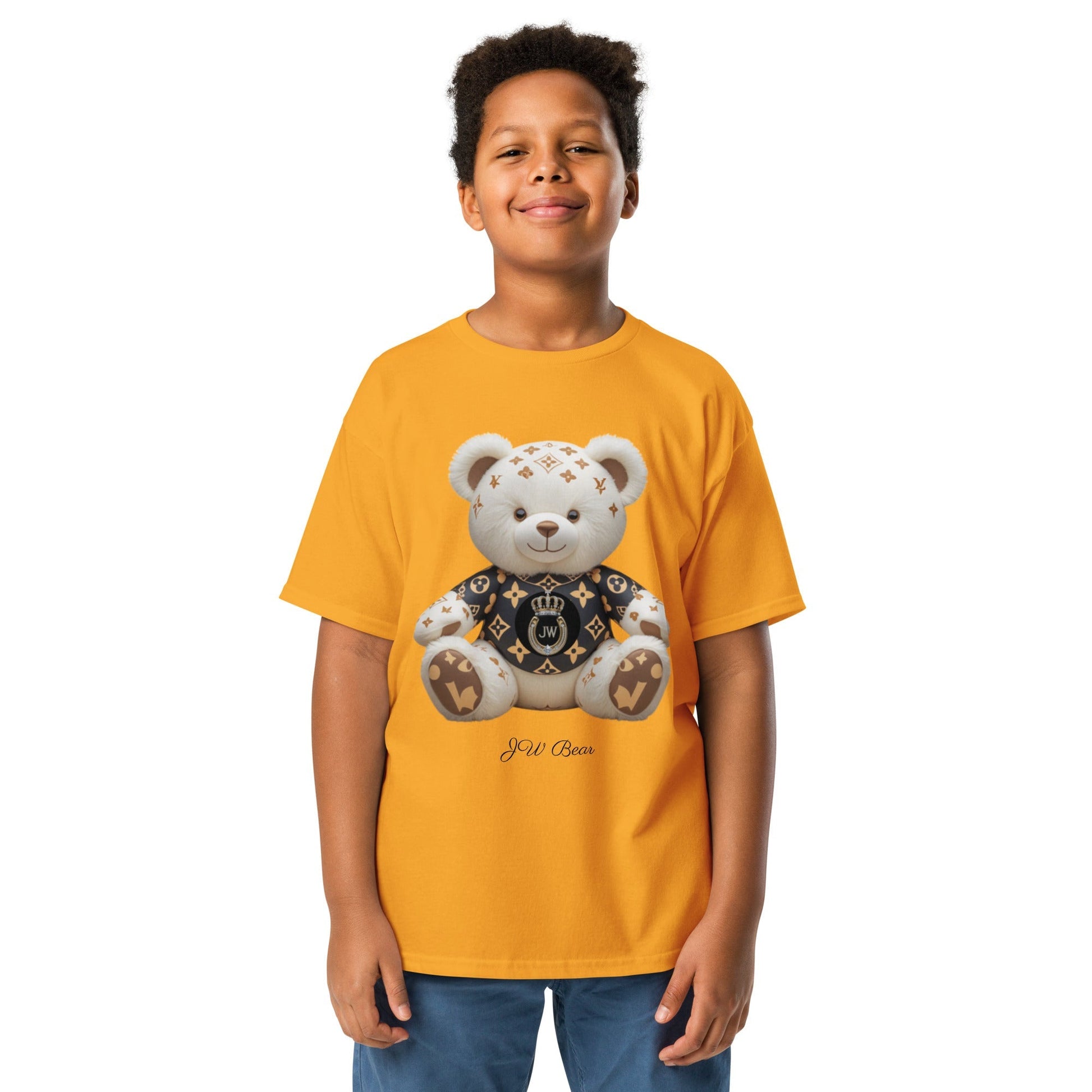 JW Bear Youth Classic Tee featuring bear graphic, worn by a child.