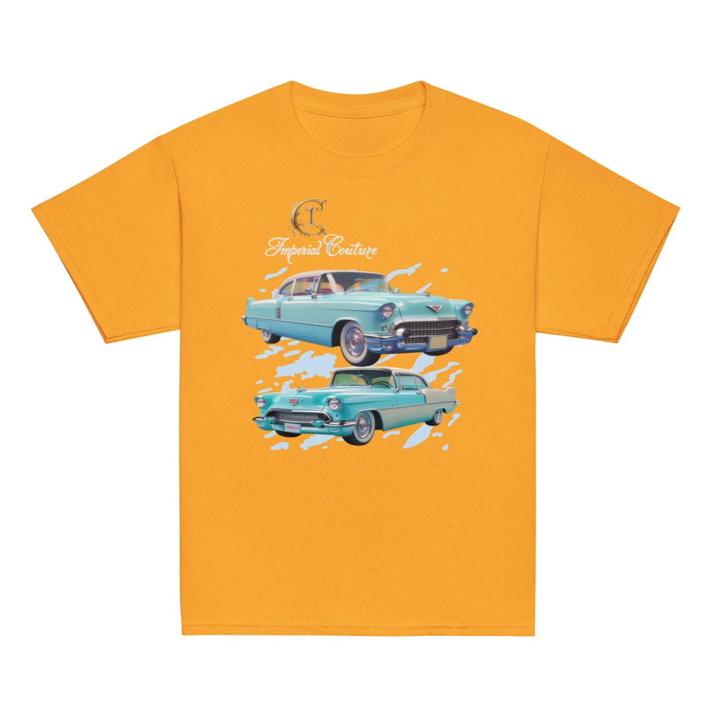 Youth classic tee featuring vintage car graphic on a vibrant background, 100% cotton, pre-shrunk fabric.