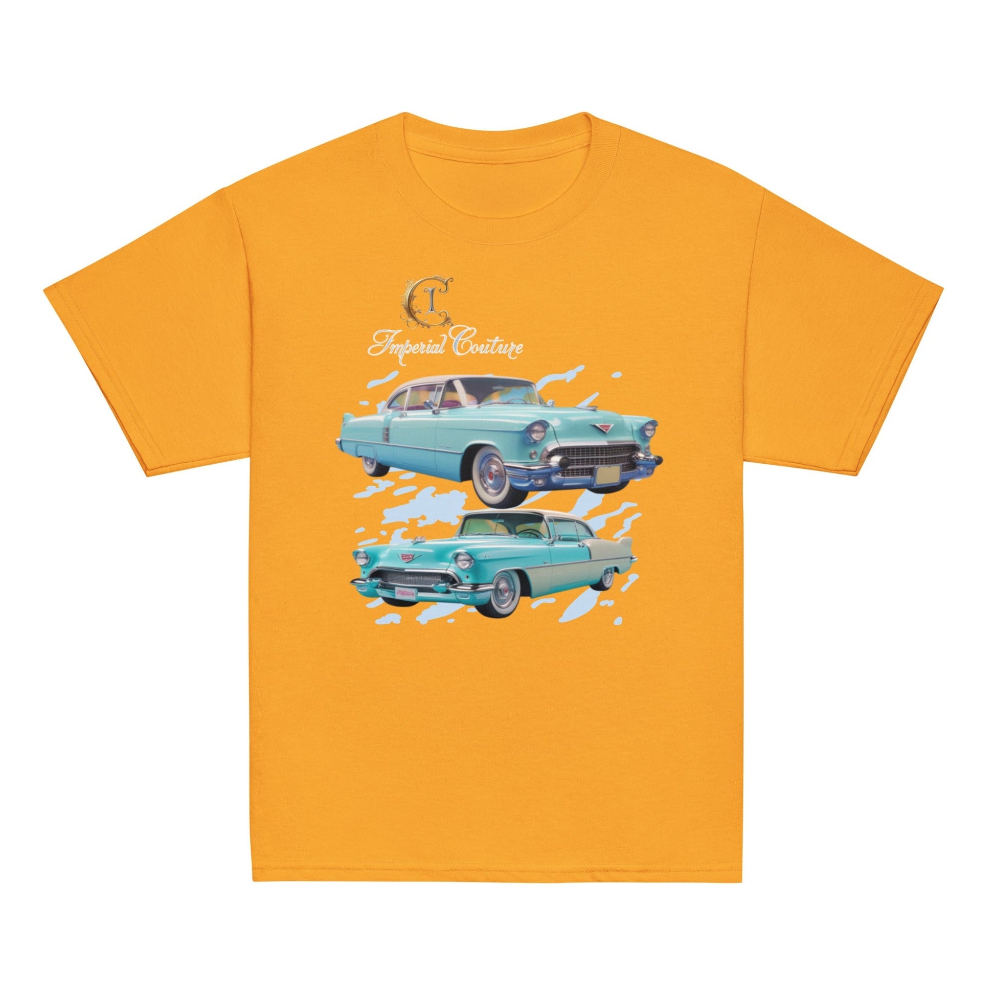 Youth classic tee featuring vintage car graphic on a vibrant background, 100% cotton, pre-shrunk fabric.