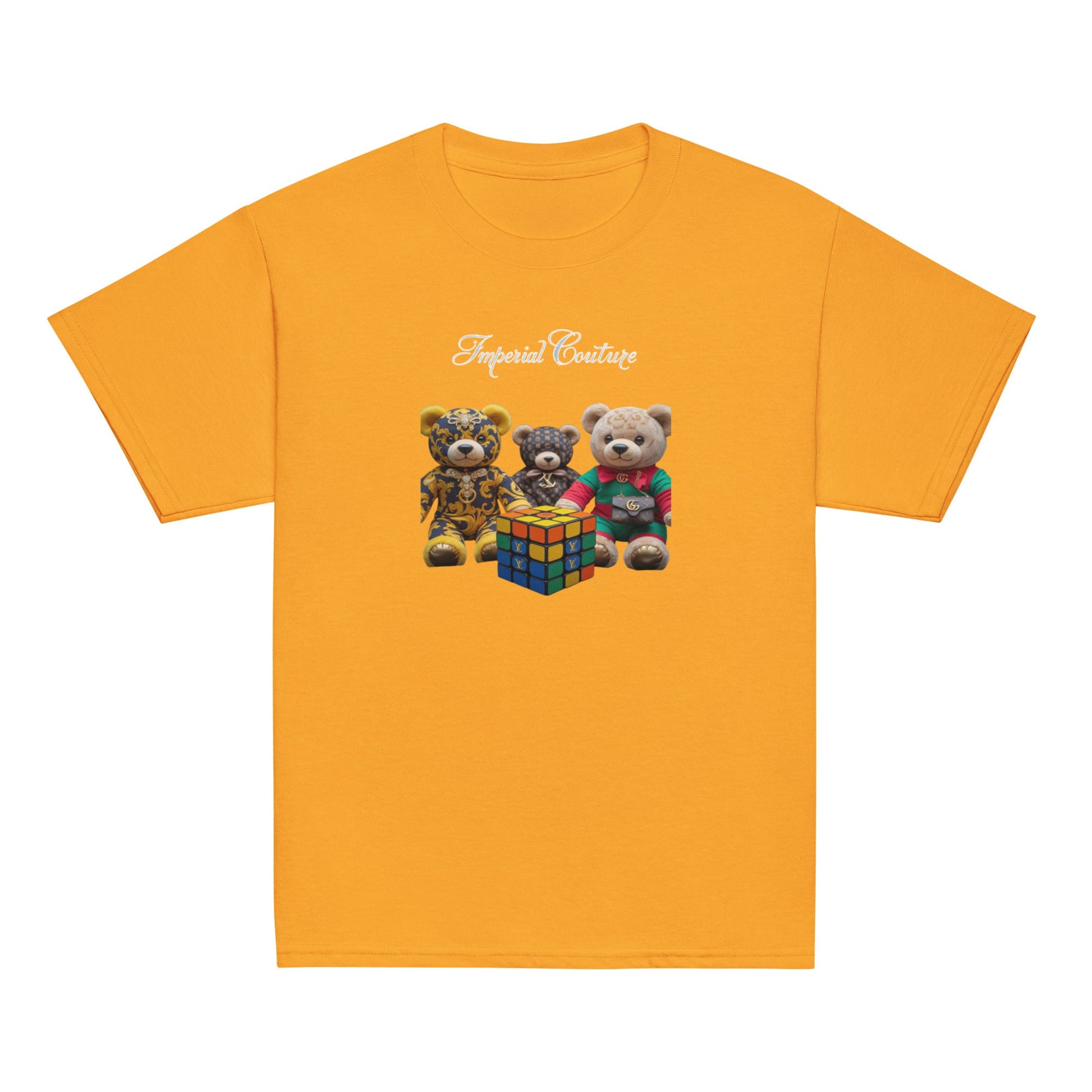 Youth classic tee in orange with teddy bear design and Rubik's Cube print.