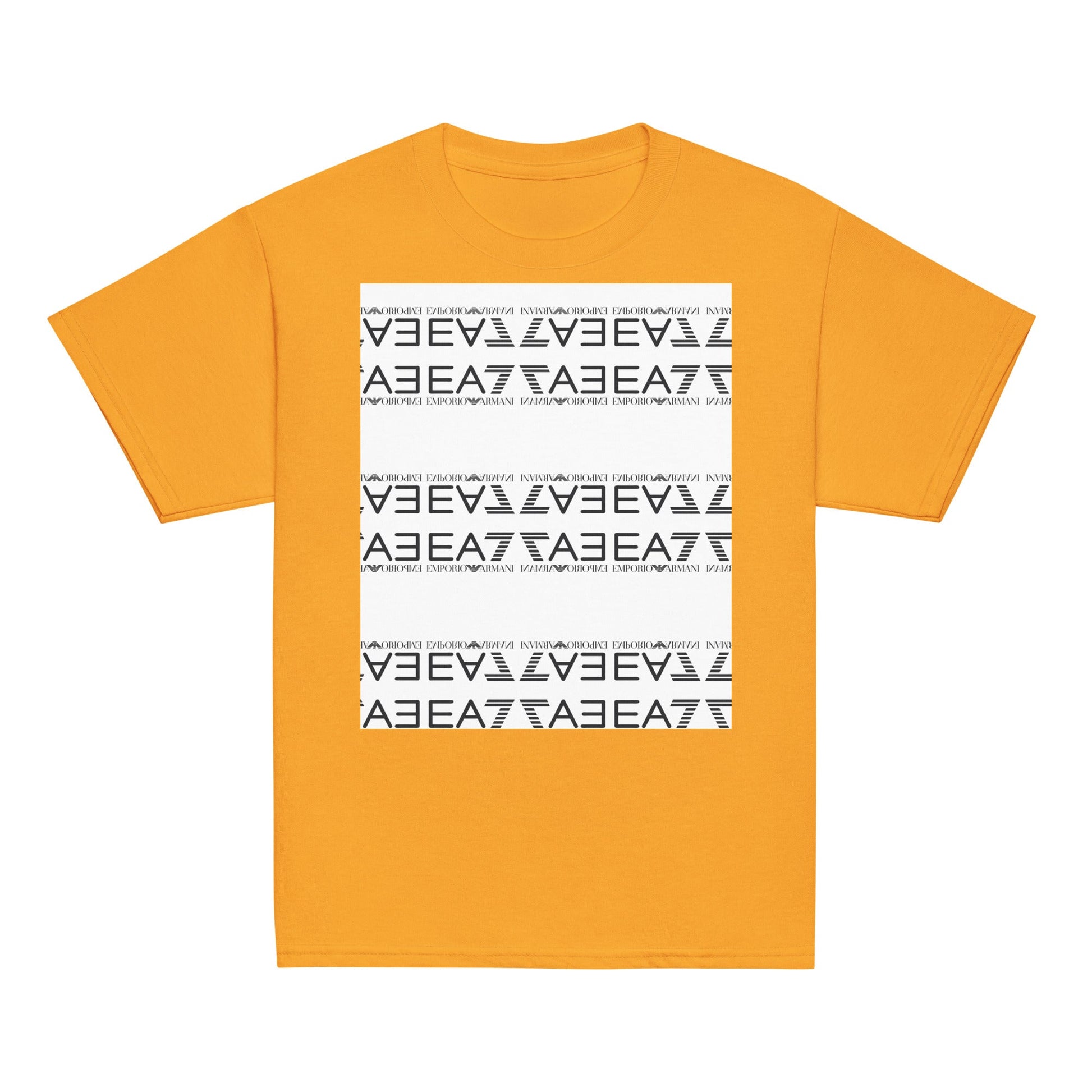Youth classic tee in orange with a white and black geometric design on the front.