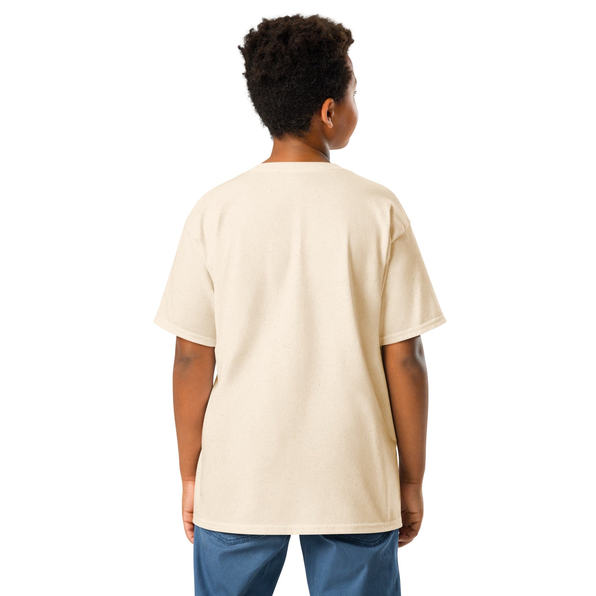 Child wearing JW bear Youth classic tee in neutral color, back view.
