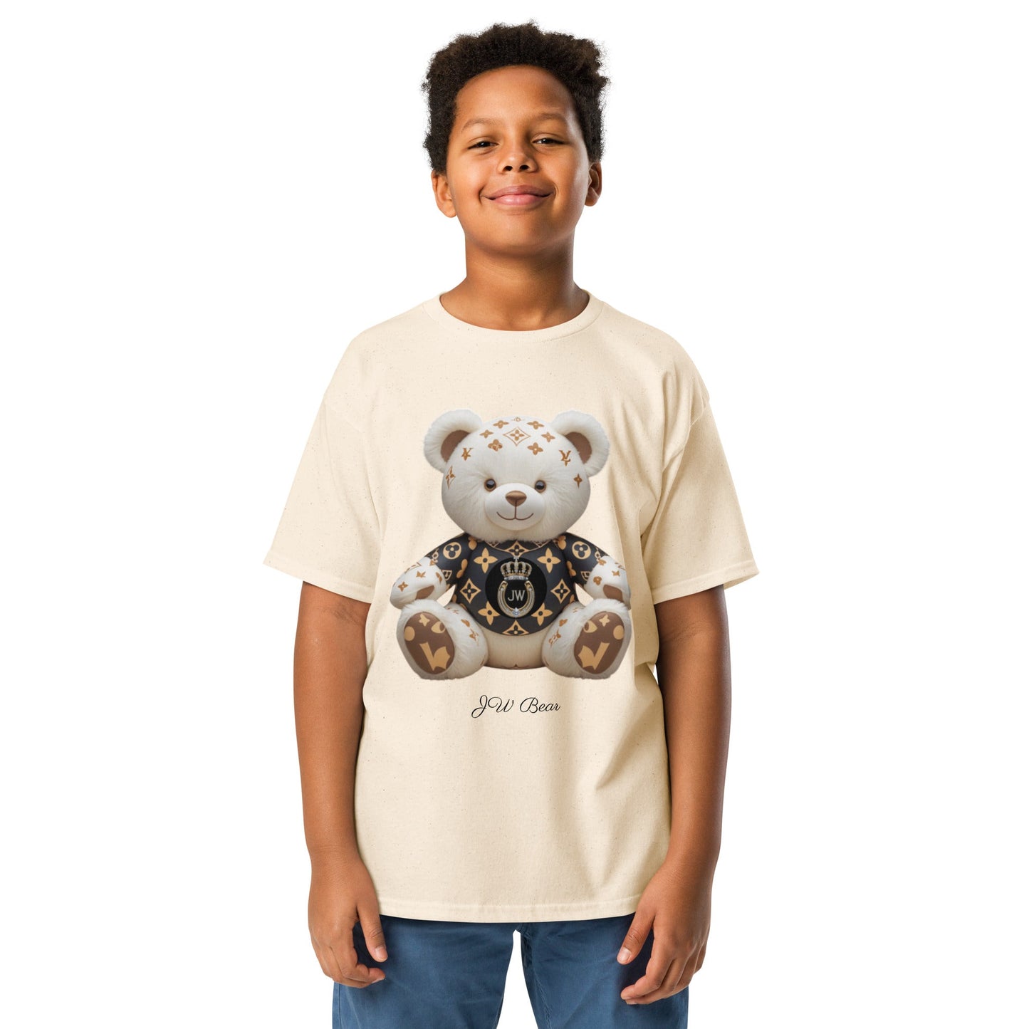 JW bear Youth classic tee featuring a bear design, worn by a smiling child.