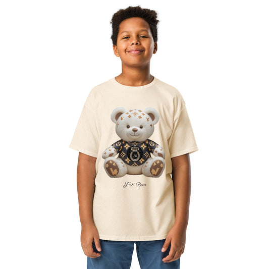 JW bear Youth classic tee featuring a bear design, worn by a smiling child.