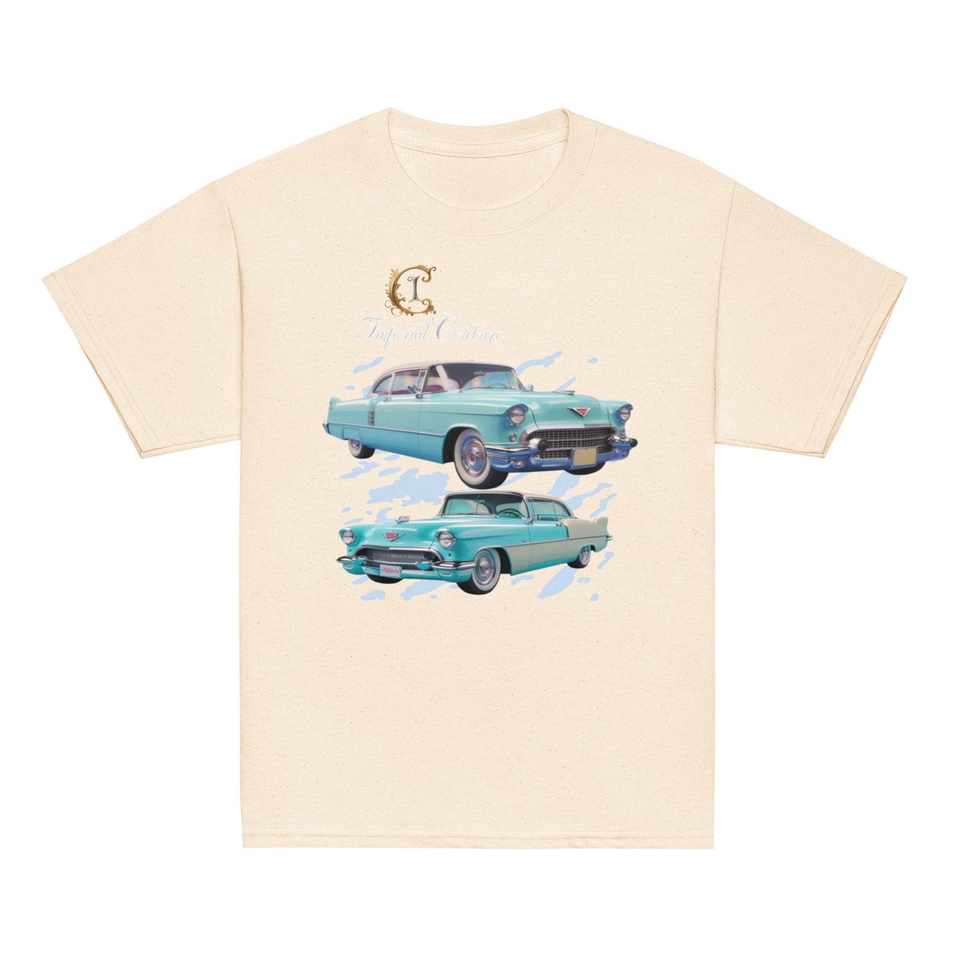 Youth classic tee featuring vintage car design, 100% cotton, pre-shrunk, and made with low-impact dyes.