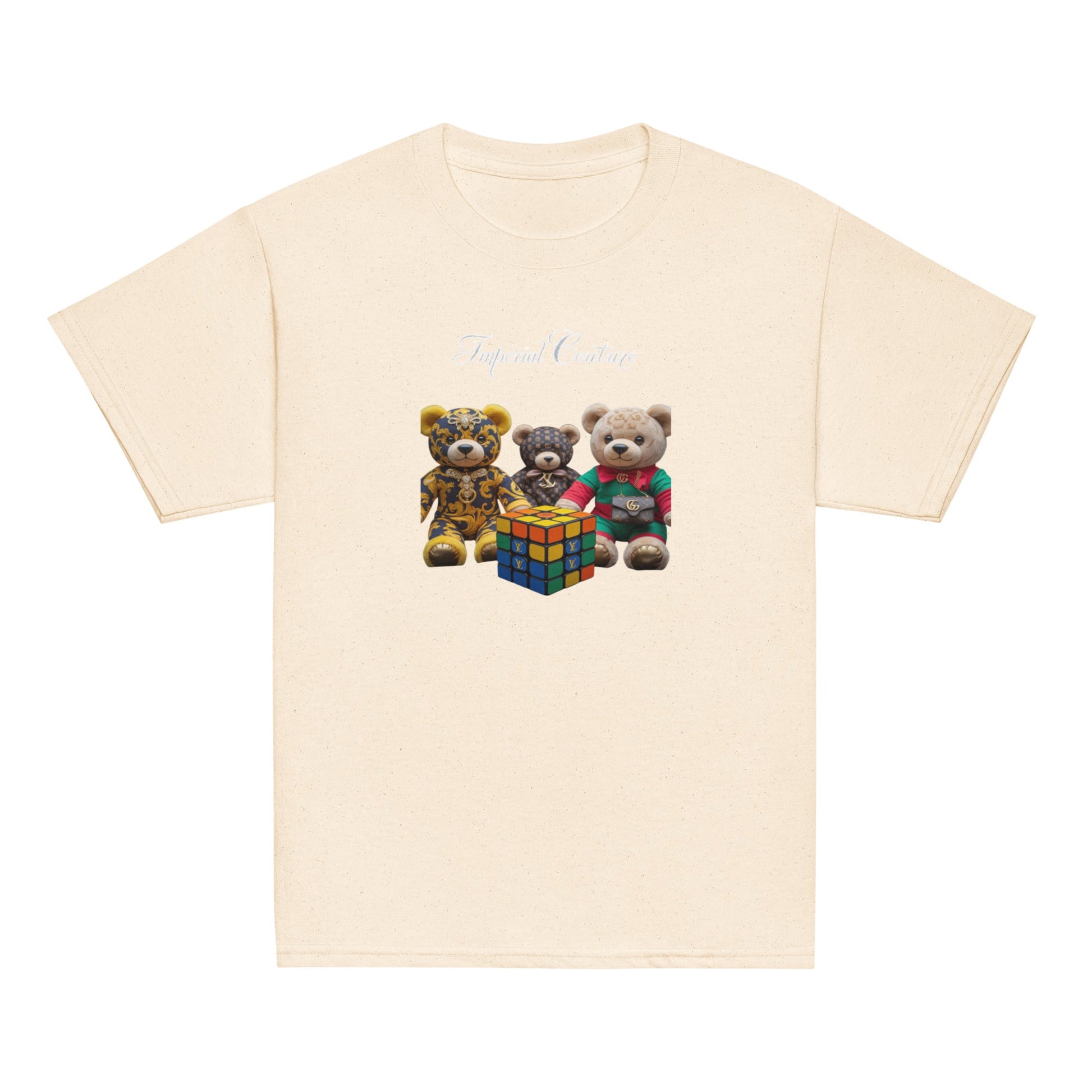 Youth classic tee featuring teddy bears and a Rubik's cube design.