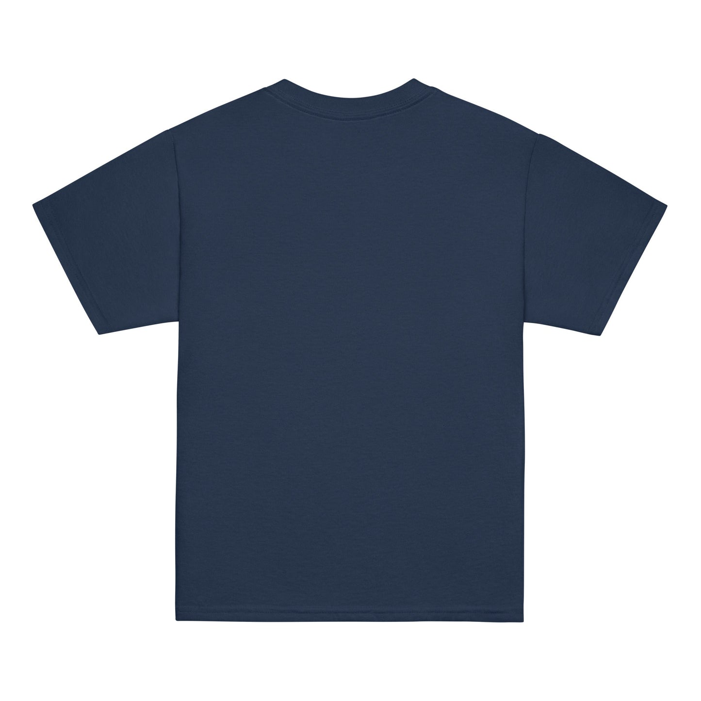 Youth classic tee in navy blue, rear view, made from 100% cotton with classic fit and tear-away tag.