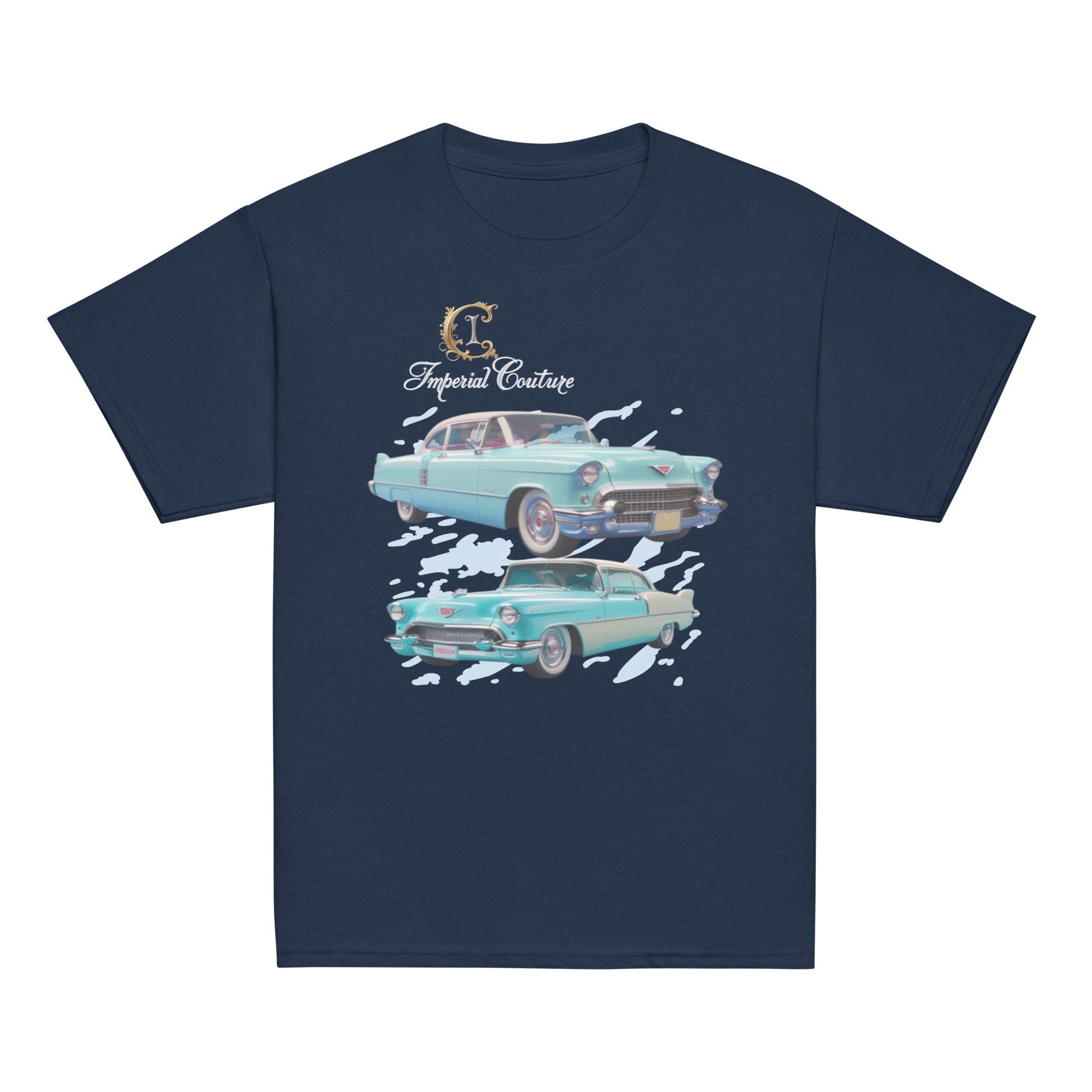 Youth classic tee with vintage car print design, 100% cotton, navy blue backdrop.