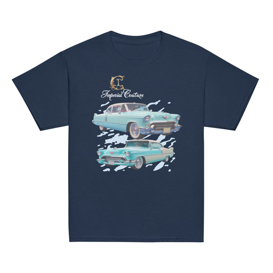 Youth classic tee with vintage car print design, 100% cotton, navy blue backdrop.