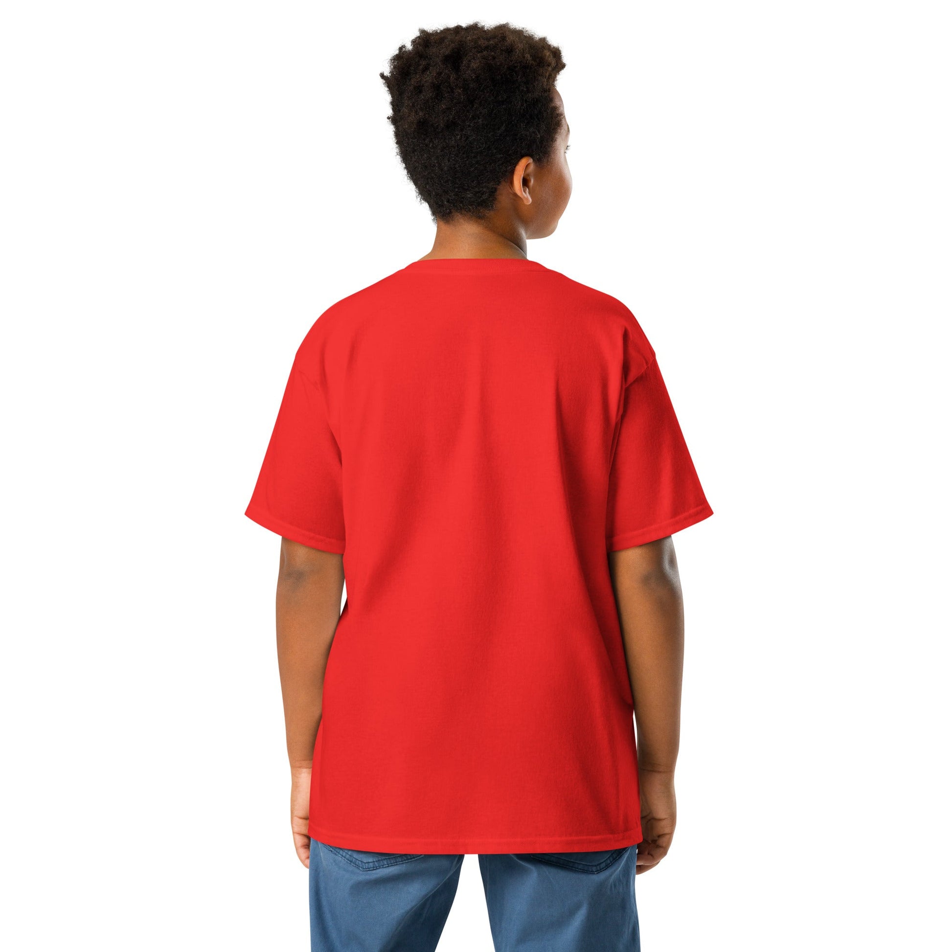 Child wearing a red JW bear Youth classic tee with short sleeves, shown from the back.