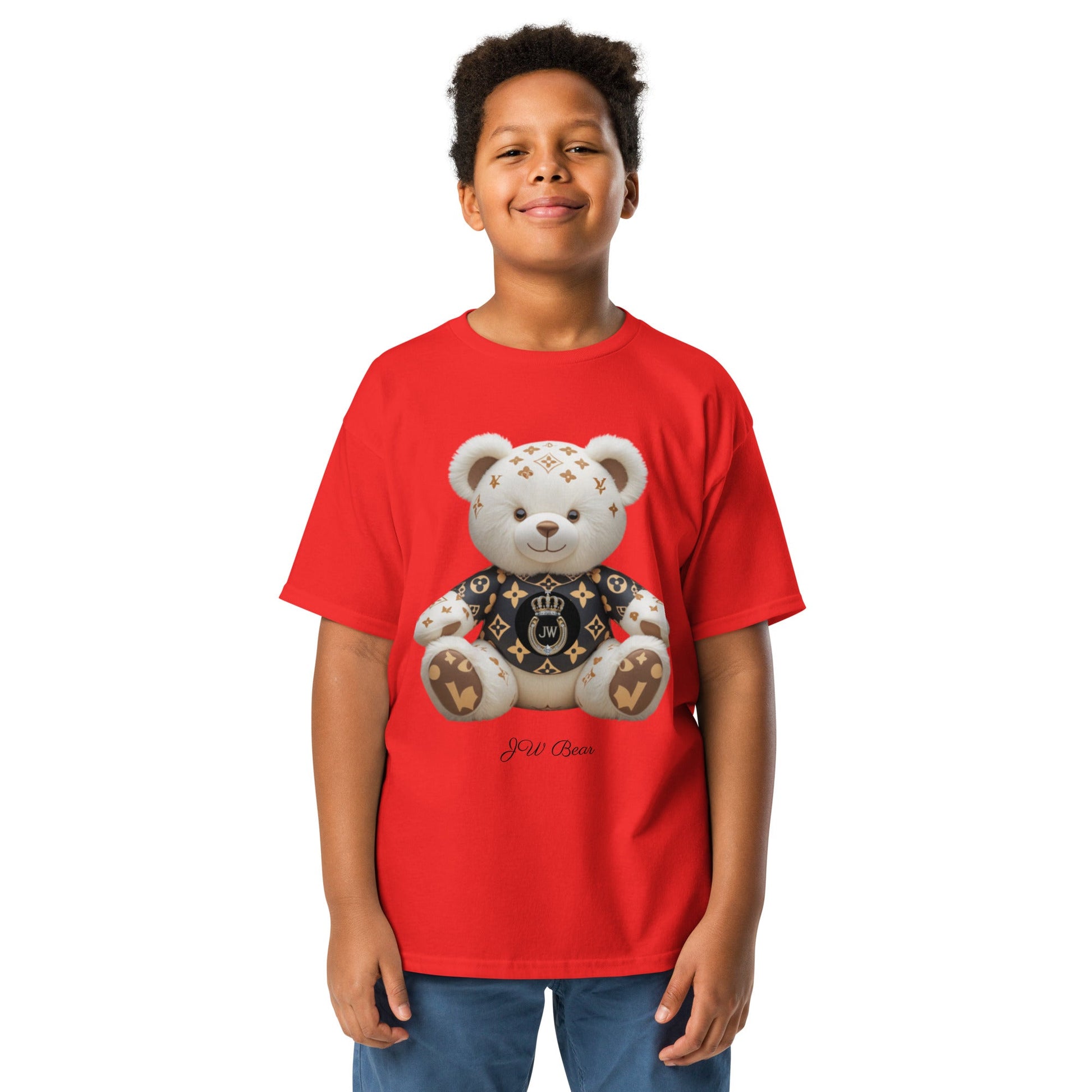 JW bear Youth classic tee featuring a teddy bear design; perfect wardrobe staple for kids.