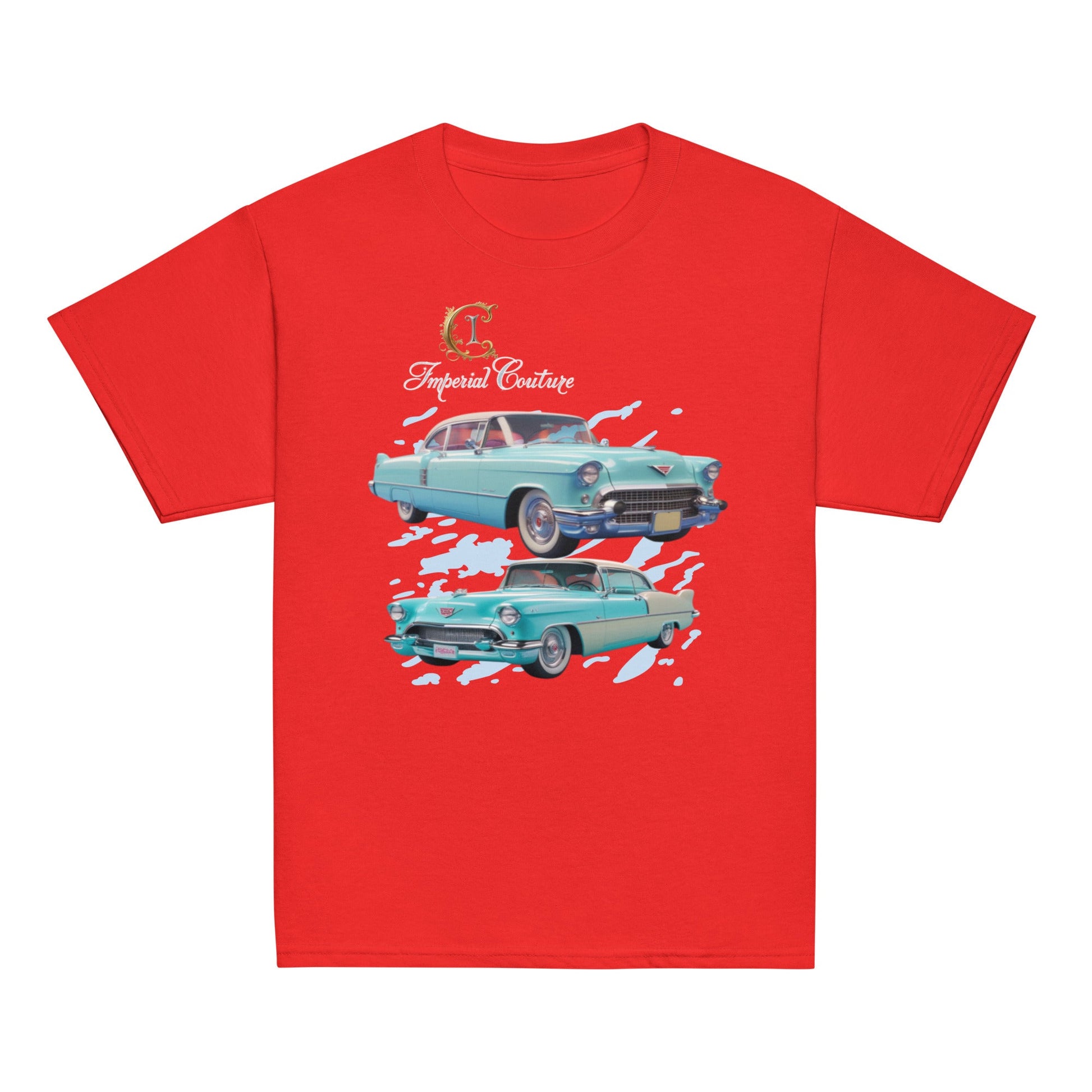 Youth classic tee in vibrant red with vintage car graphic design on front.