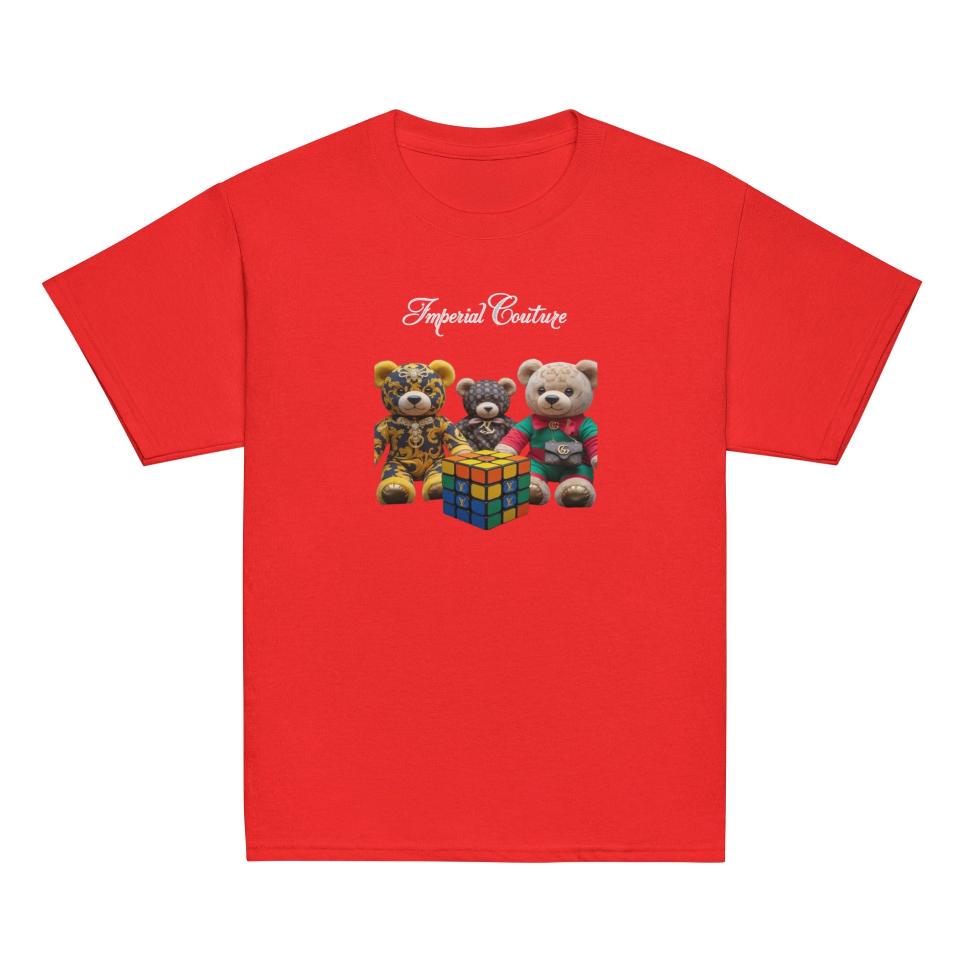 Youth classic tee featuring colorful teddy bear design on red fabric.