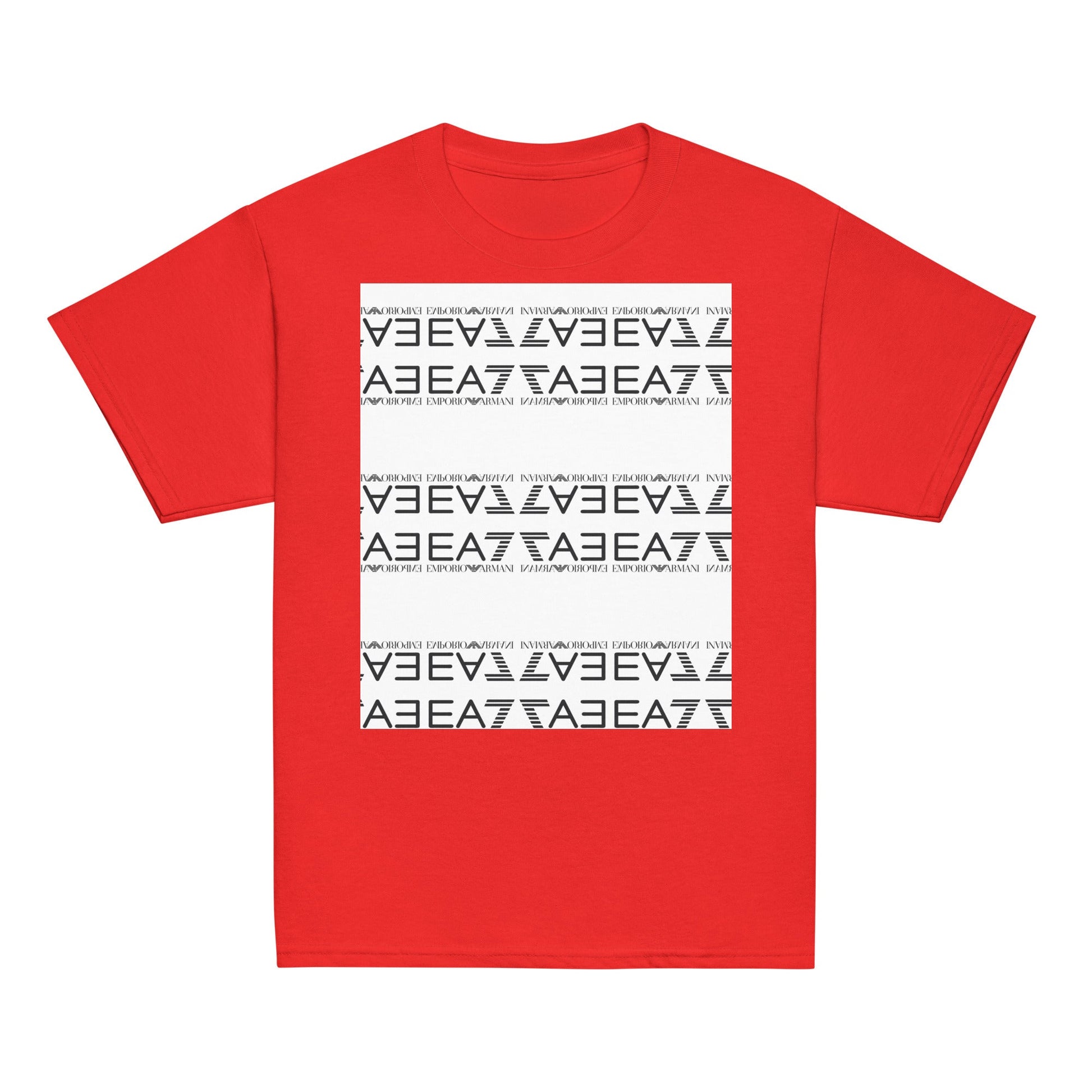 Youth classic tee in red with printed design, 100% cotton, classic fit.