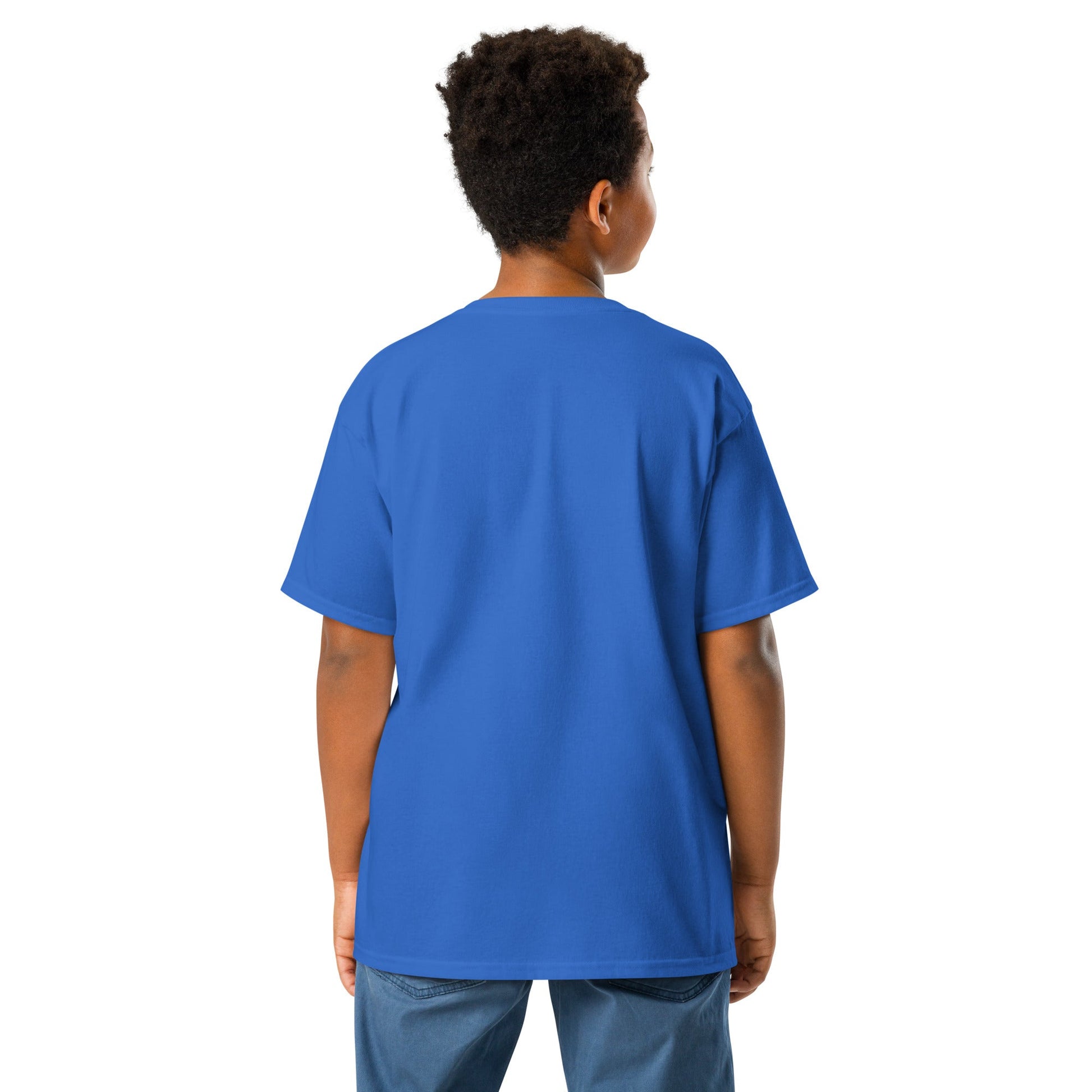 JW bear Youth classic tee, blue color, back view on child model.