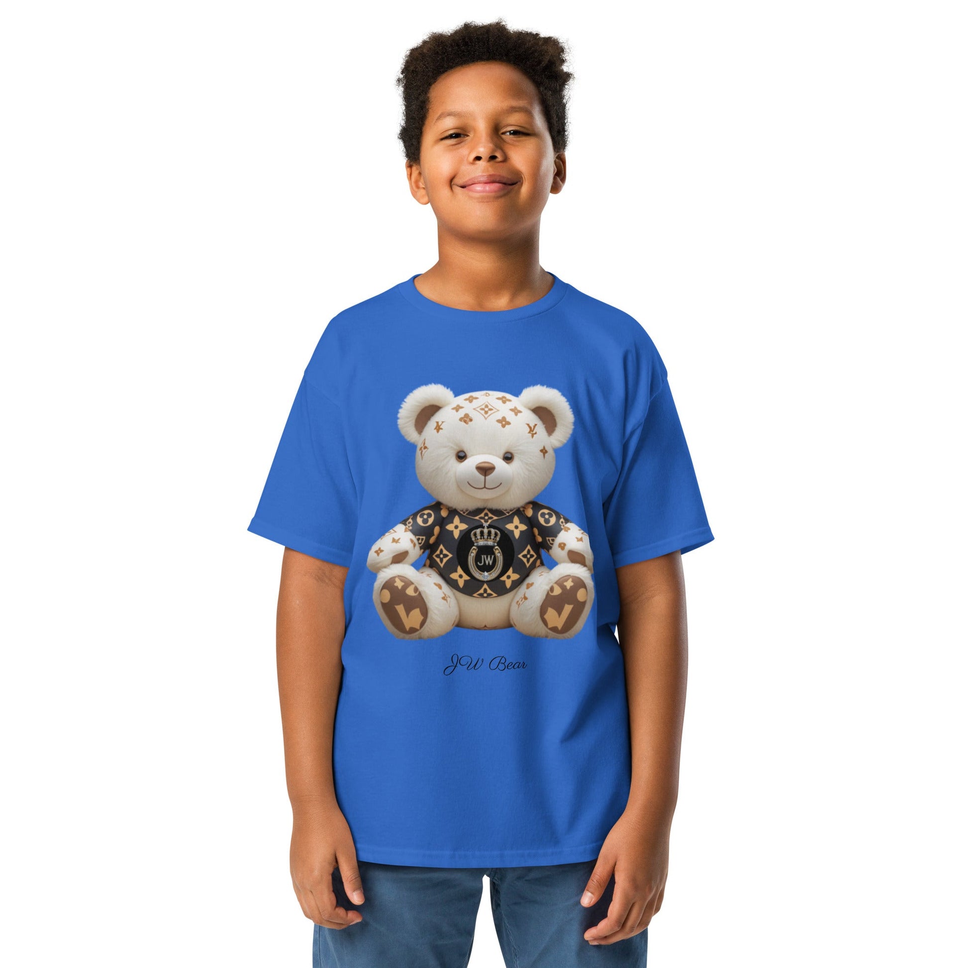 Boy wearing blue JW bear Youth classic tee with bear graphic design.