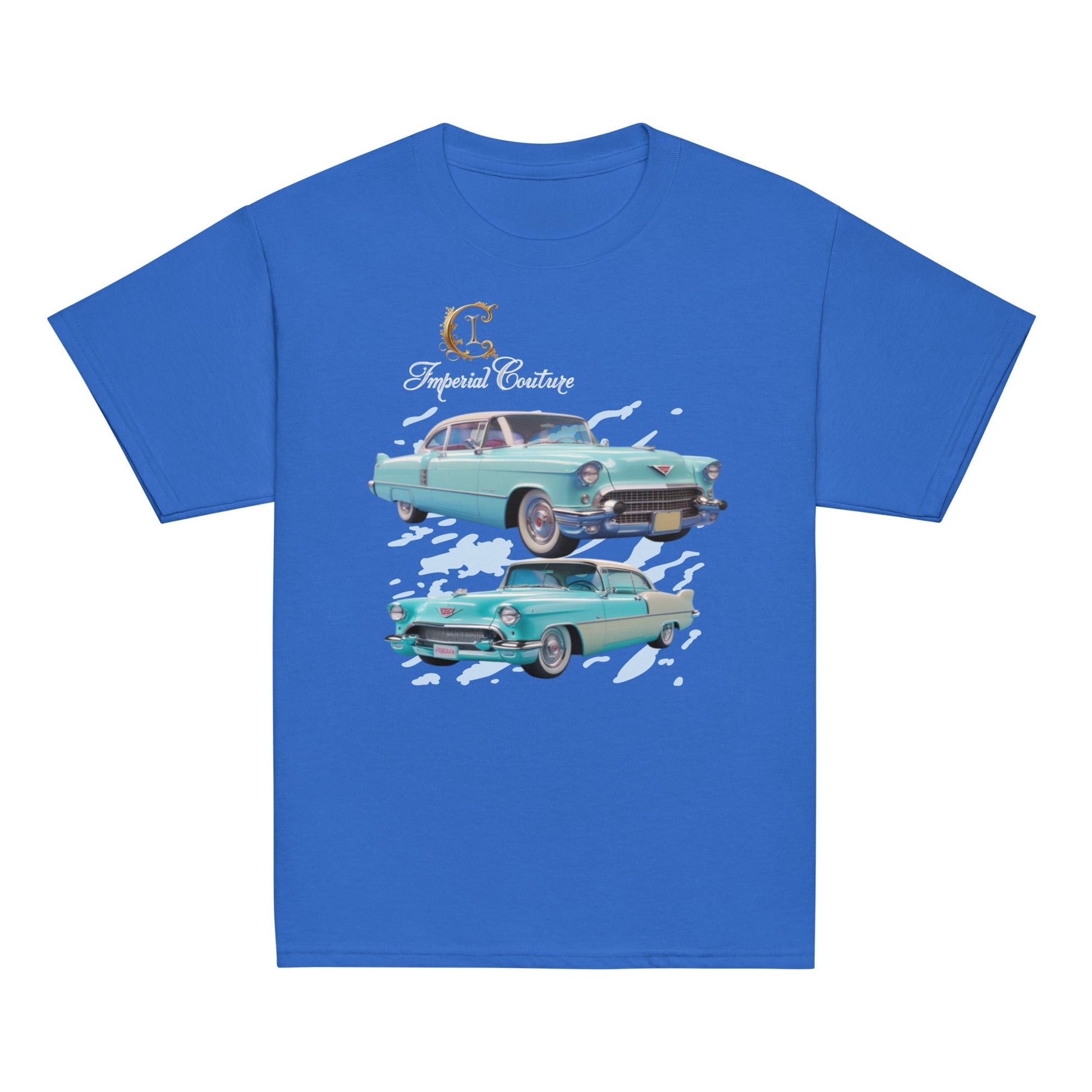 Youth classic tee with vintage car design, 100% cotton, classic fit, blue color.