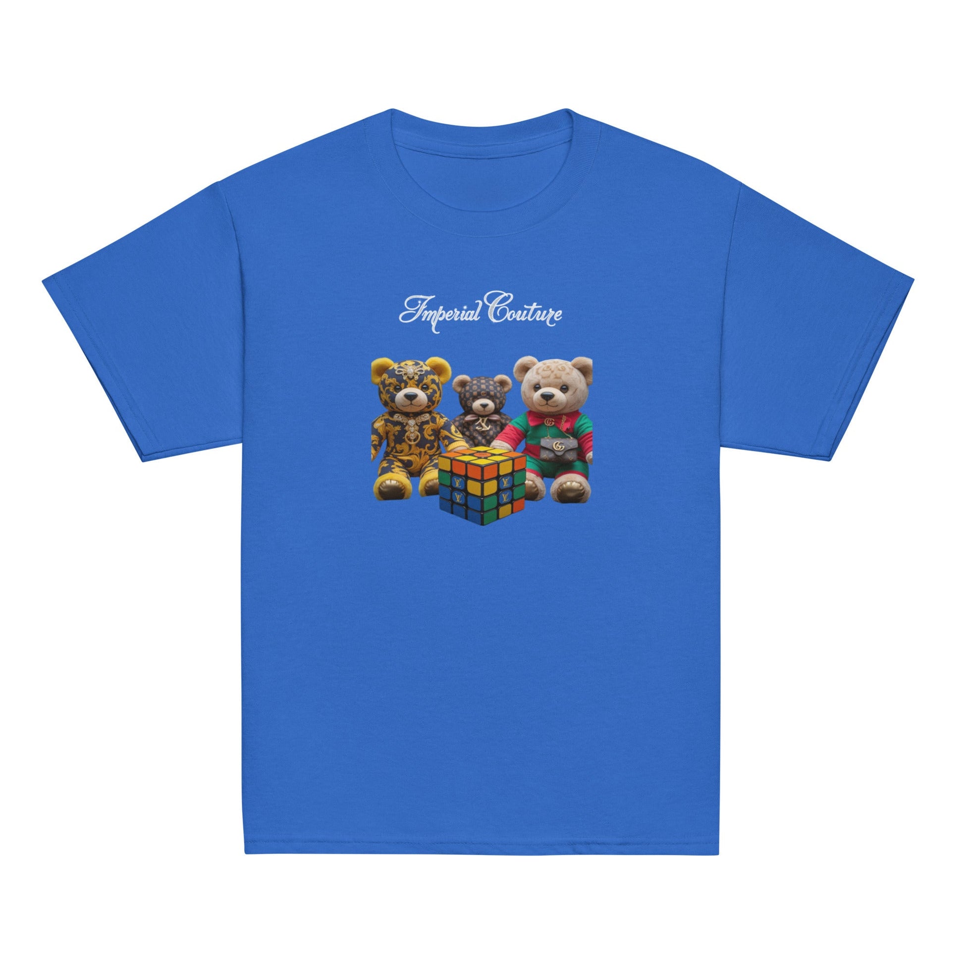 Blue youth classic tee with three teddy bears and a Rubik's Cube print, text "Imperial Couture" above.