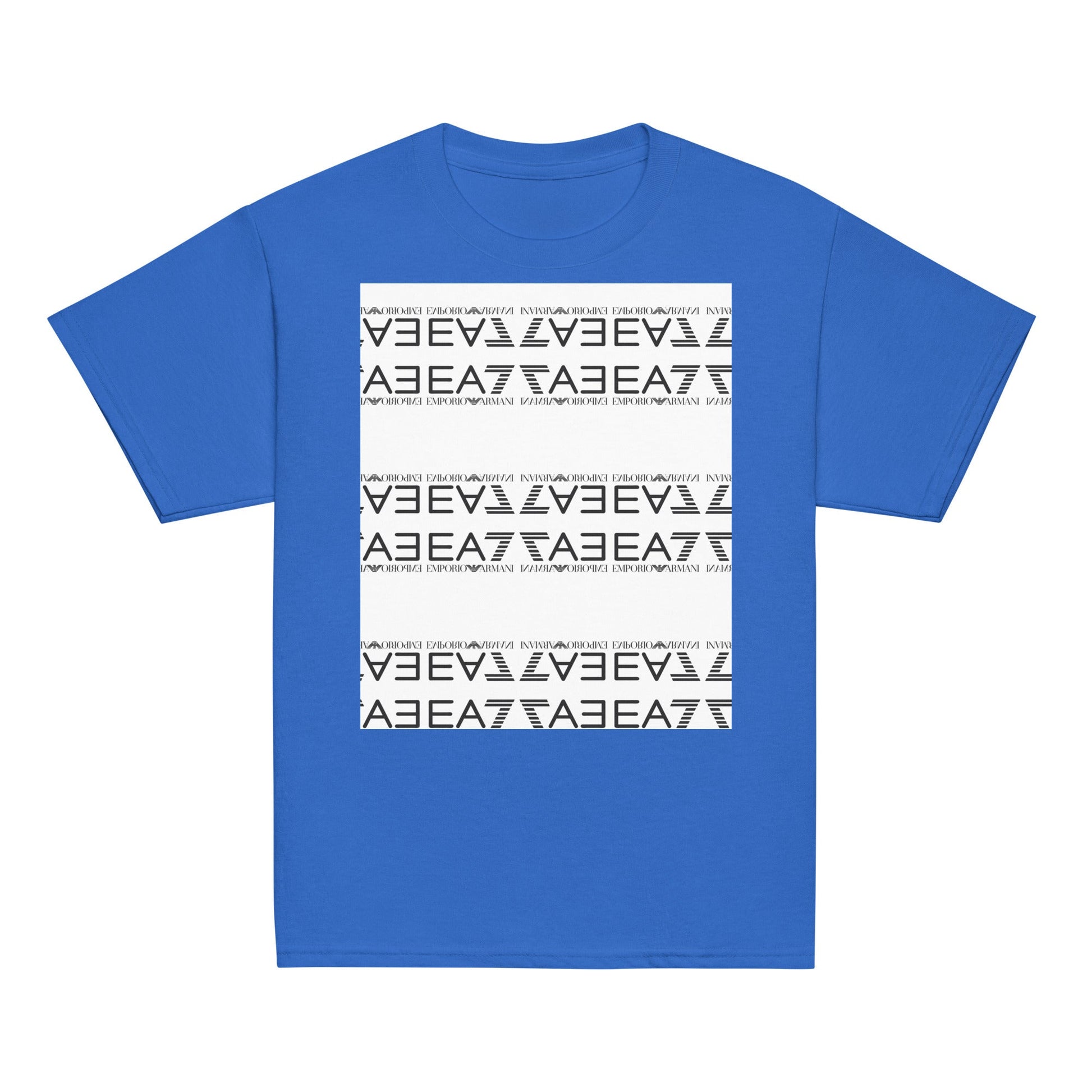 Youth classic tee in blue featuring a stylish graphic pattern, made from 100% cotton with pre-shrunk fabric and a classic fit.