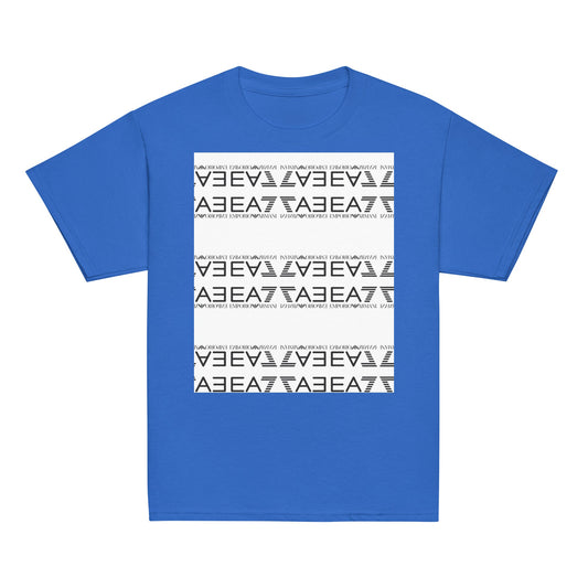 Youth classic tee in blue featuring a stylish graphic pattern, made from 100% cotton with pre-shrunk fabric and a classic fit.