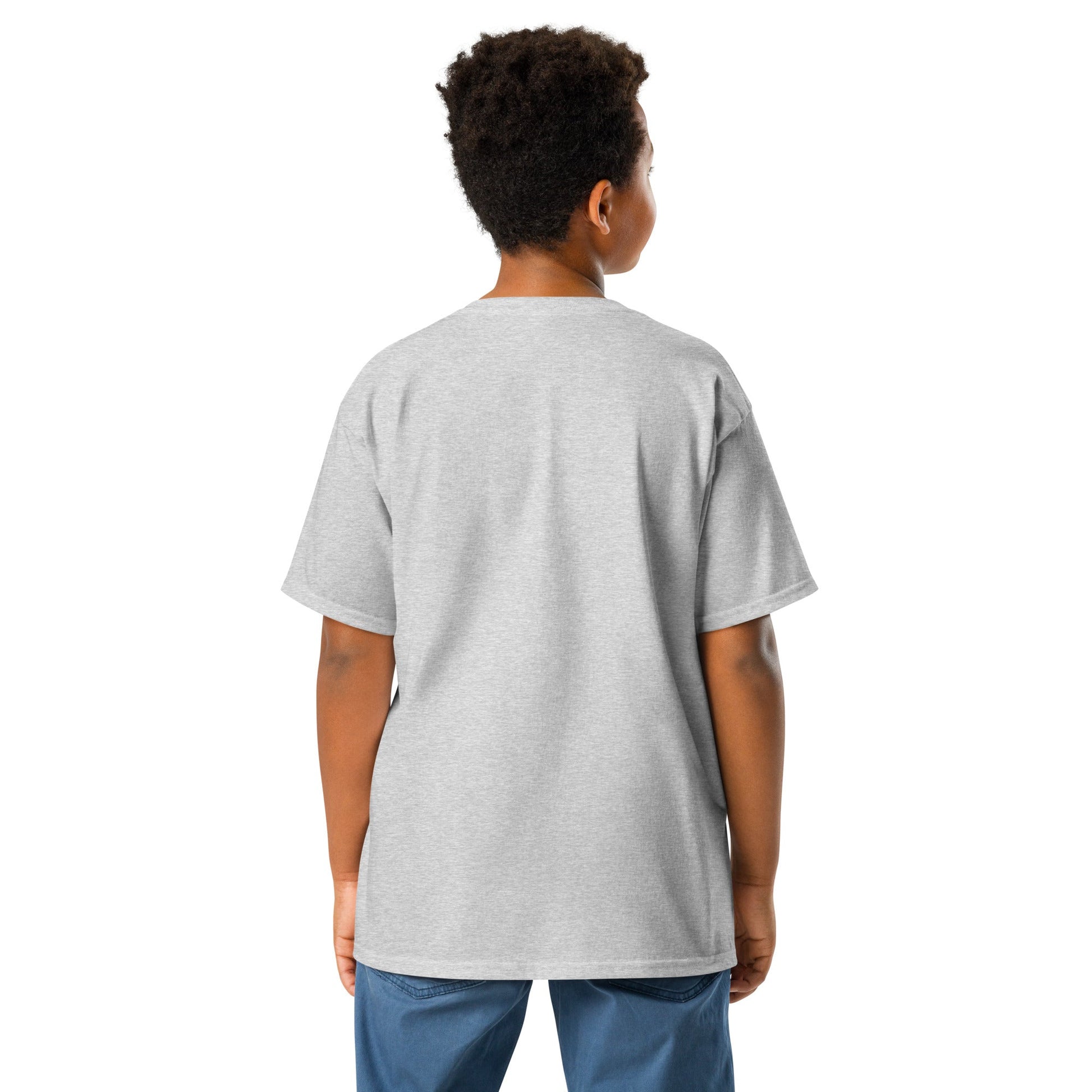 JW bear Youth classic tee in grey, shown on a child from the back, featuring a classic fit and taped neck, made of cotton with low-impact dyes.
