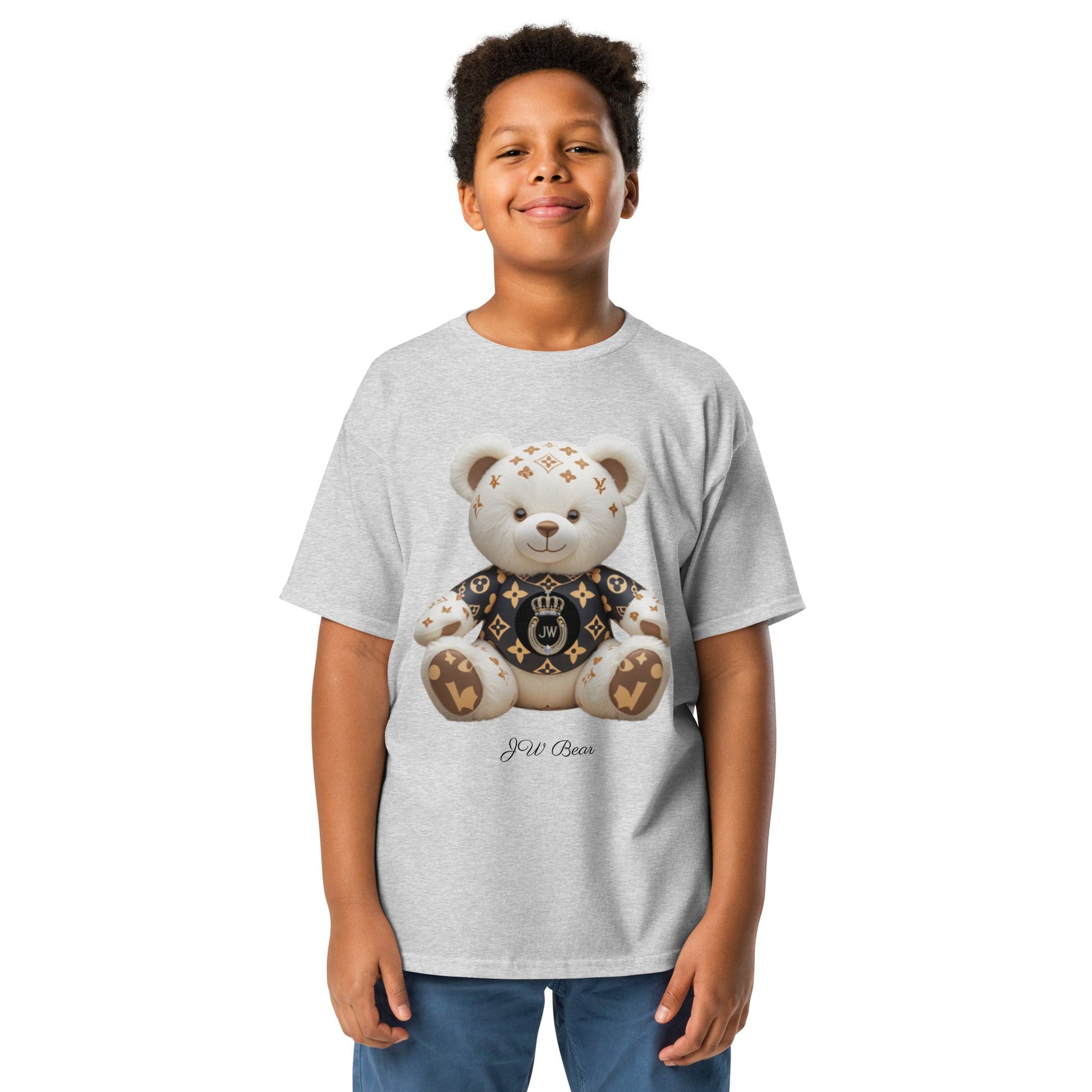 JW Bear Youth Classic Tee featuring playful bear design, sport grey color.