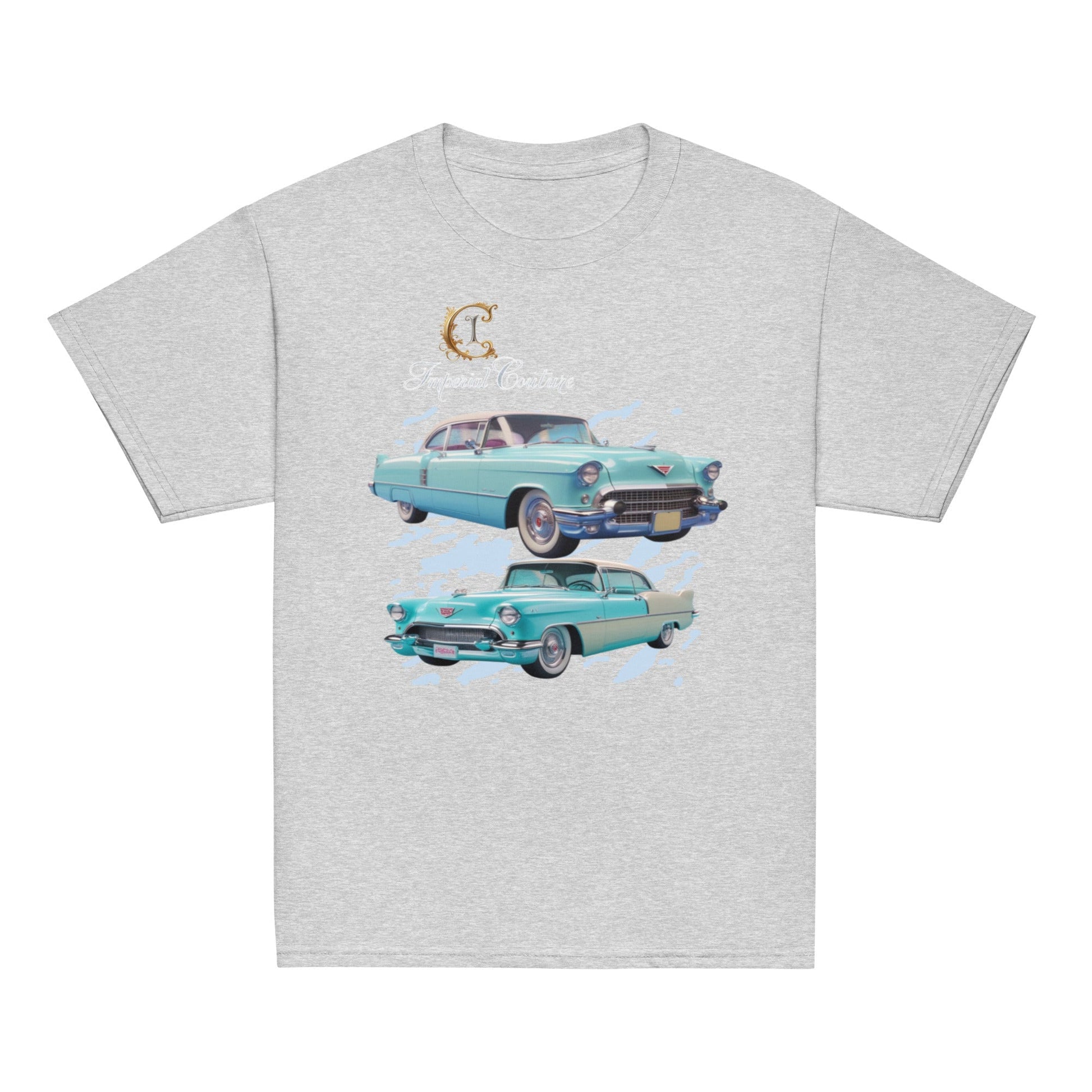Youth classic tee featuring vintage car design on sport grey fabric.