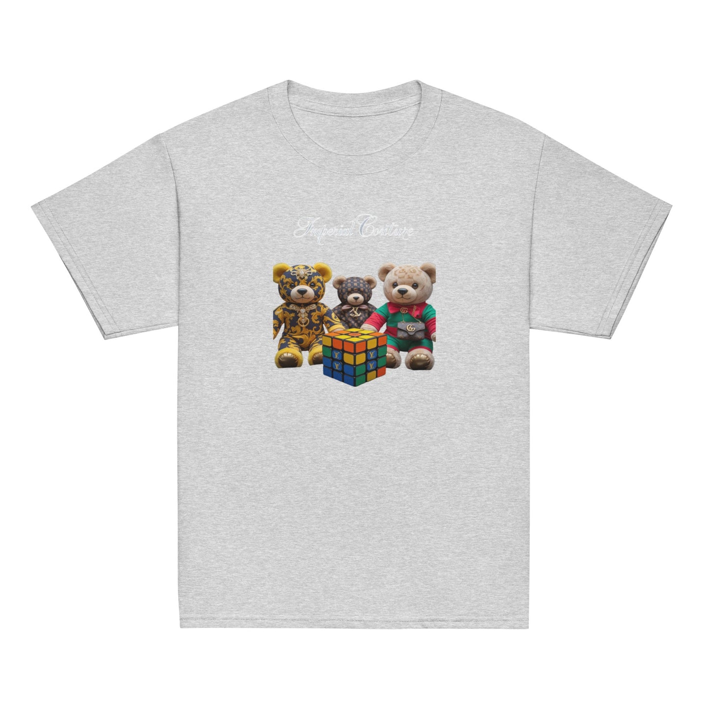 Youth classic tee featuring playful teddy bear design on Sport Grey fabric.