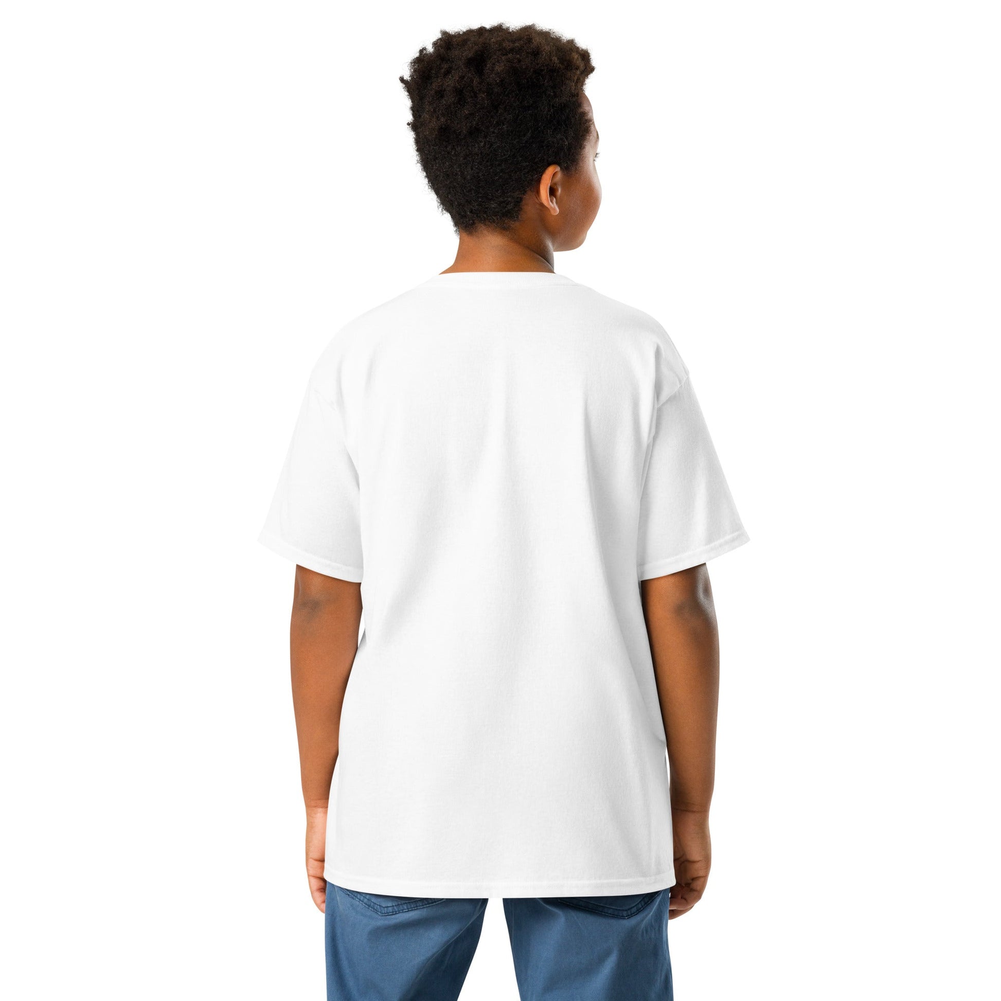 Boy wearing JW bear youth classic tee in white, showcasing classic fit and pre-shrunk cotton fabric.