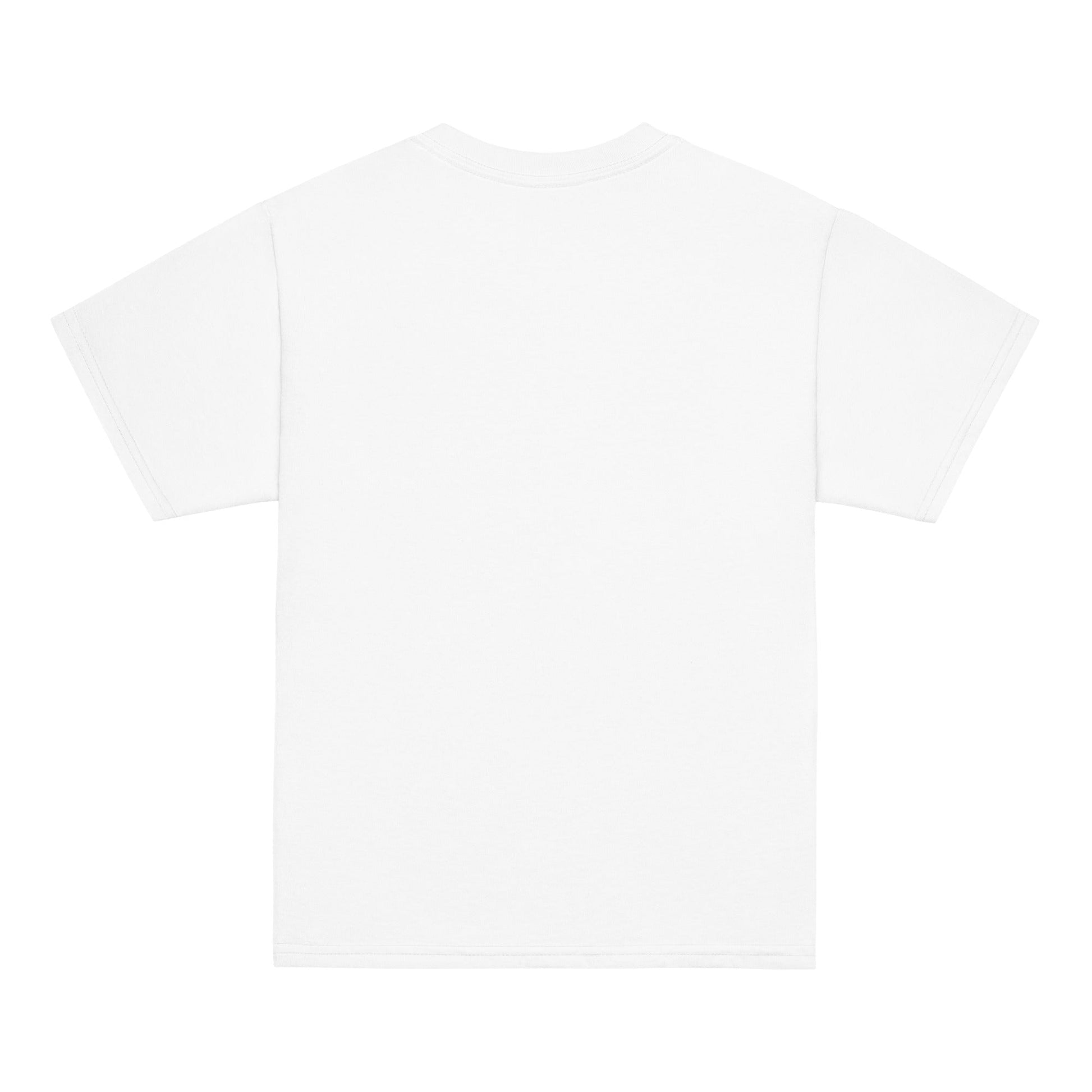 Youth classic tee in white, 100% cotton, classic fit, back view.