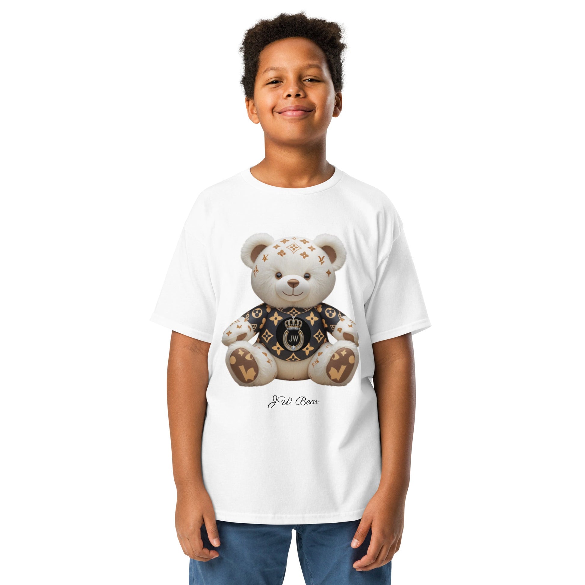 JW Bear Youth Classic Tee with bear graphic design, 100% cotton, classic fit.
