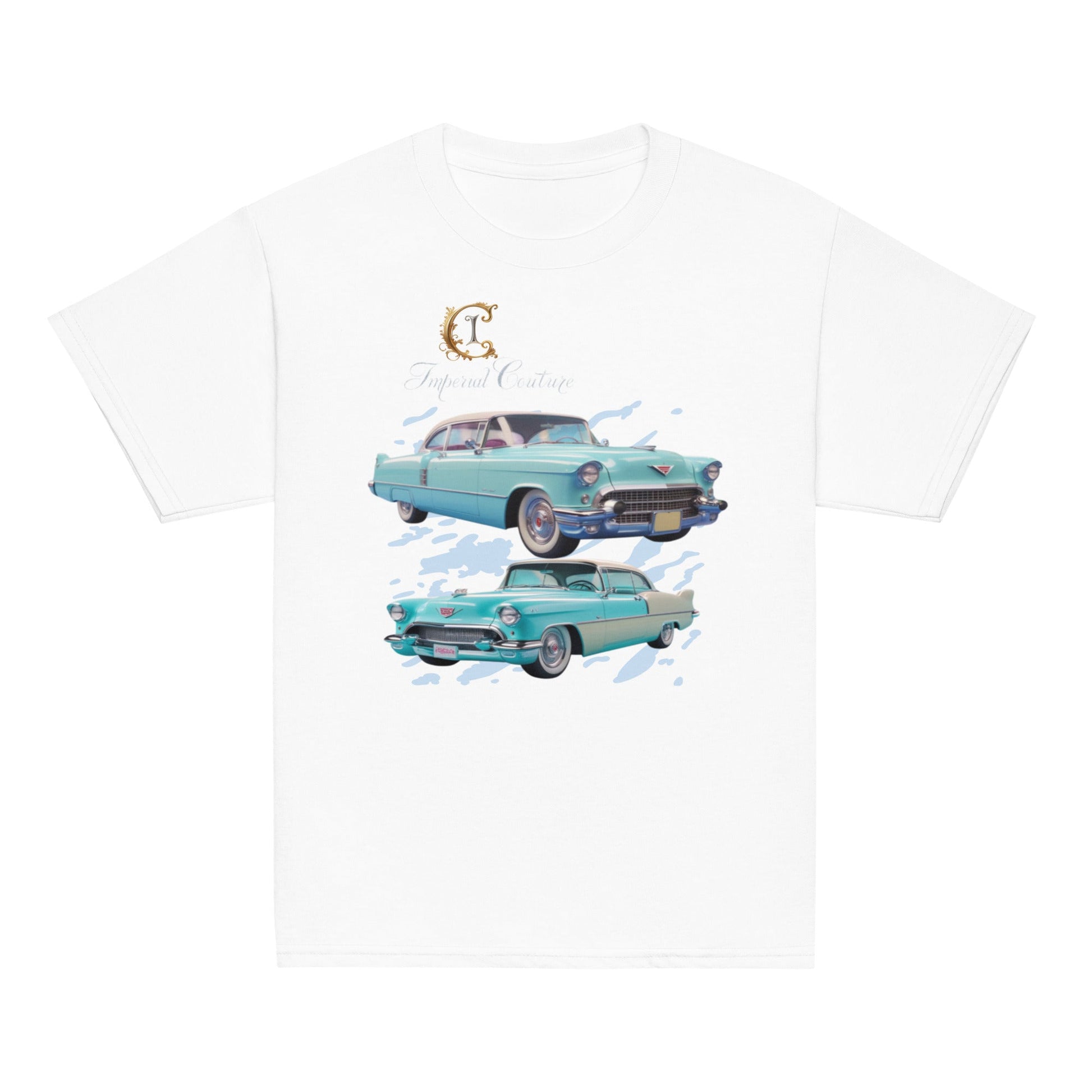 Youth classic tee featuring vintage car graphic on white background.