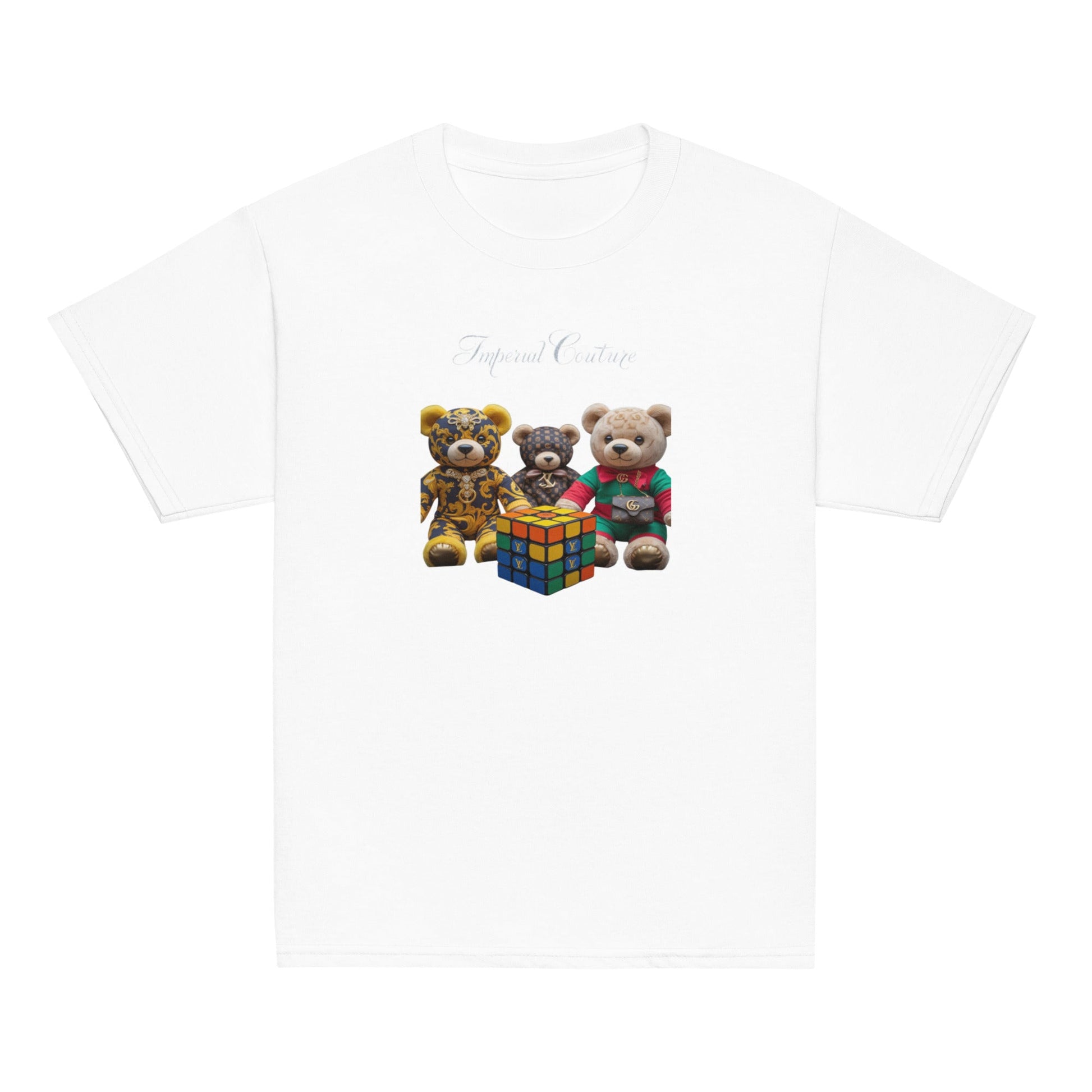 Youth classic tee featuring teddy bears and Rubik's Cube design.