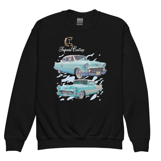 Imperial Couture Youth crew neck sweatshirt with vintage car design on black fabric.
