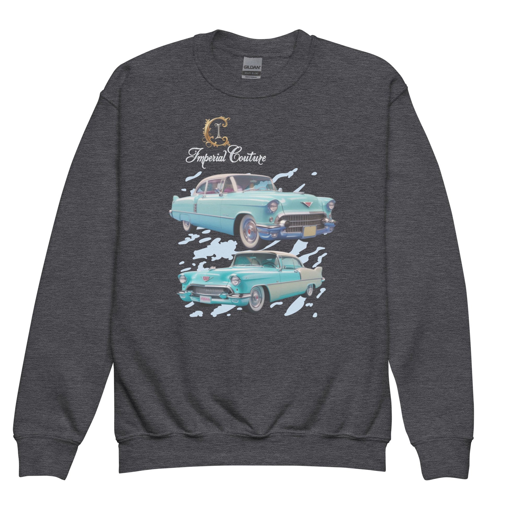 Cozy youth crew neck sweatshirt by Imperial Couture, featuring vintage car design on dark fabric.