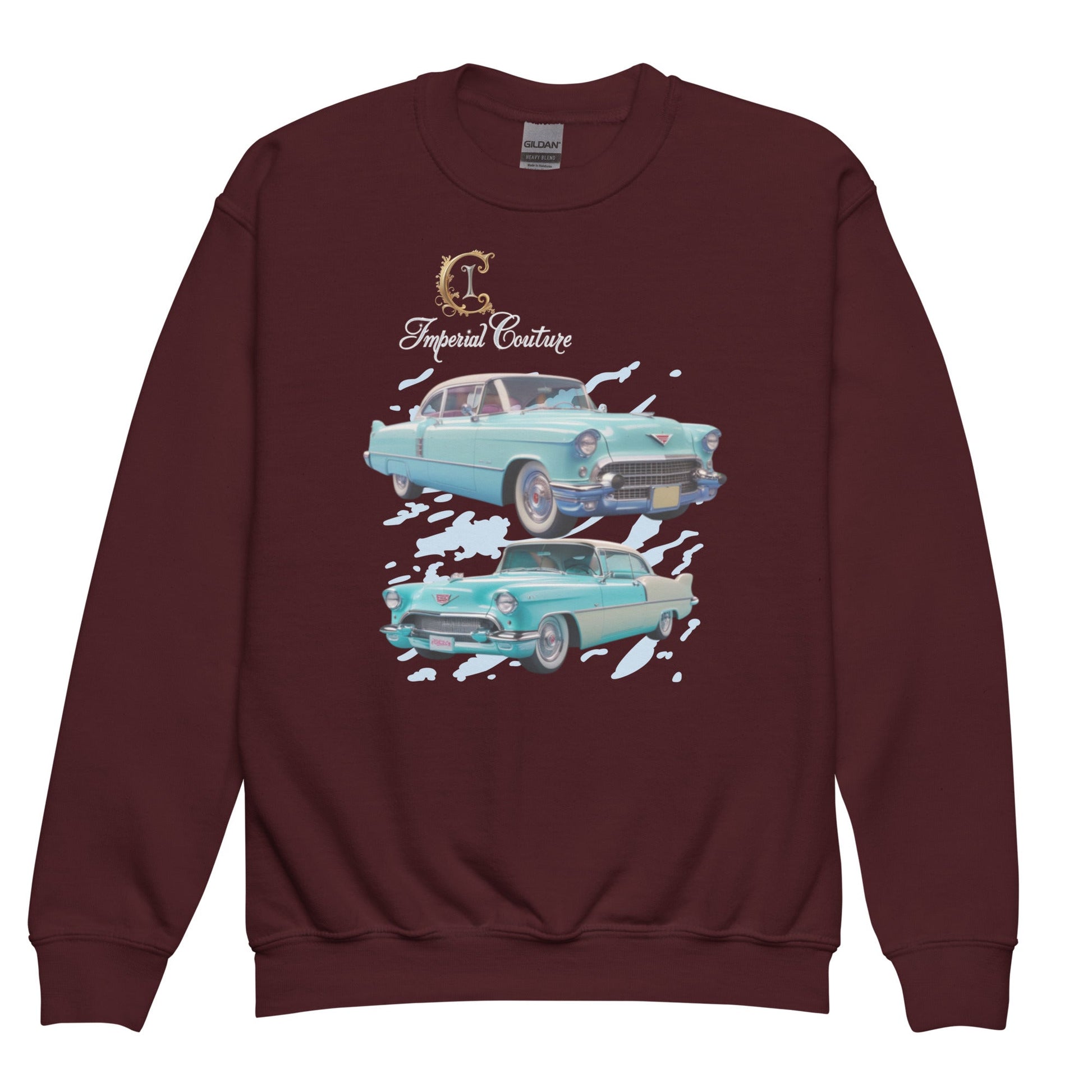 Youth crew neck sweatshirt by Imperial Couture featuring classic car design, soft fleece fabric, regular fit.