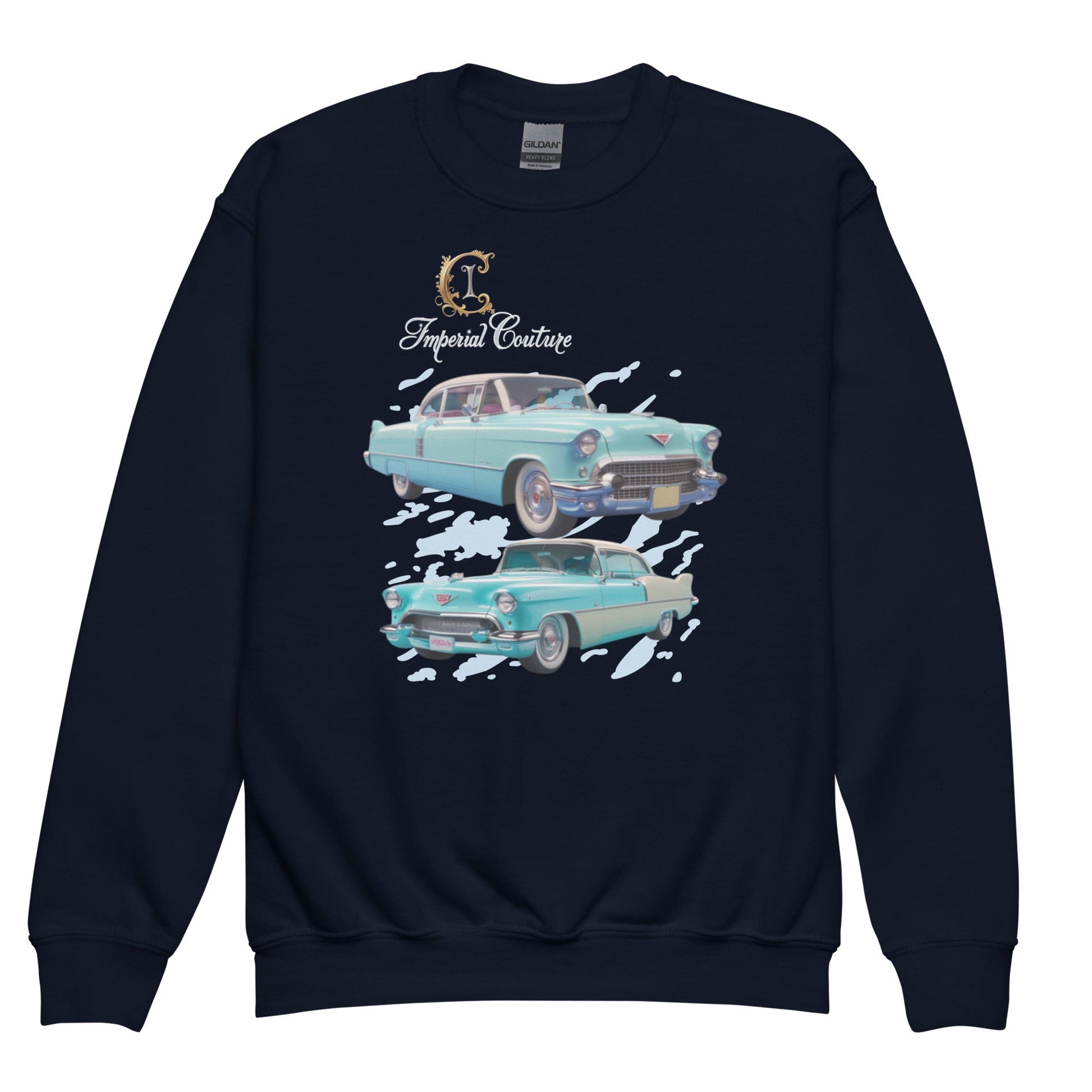 Imperial Couture youth crew neck sweatshirt with vintage car design, soft fleece fabric, regular fit.