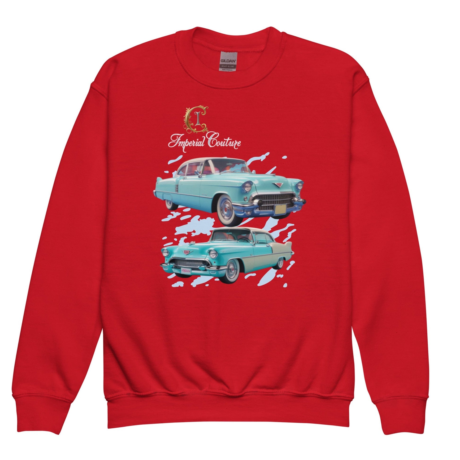Red Imperial Couture youth crew neck sweatshirt featuring vintage car graphics, soft fleece fabric.