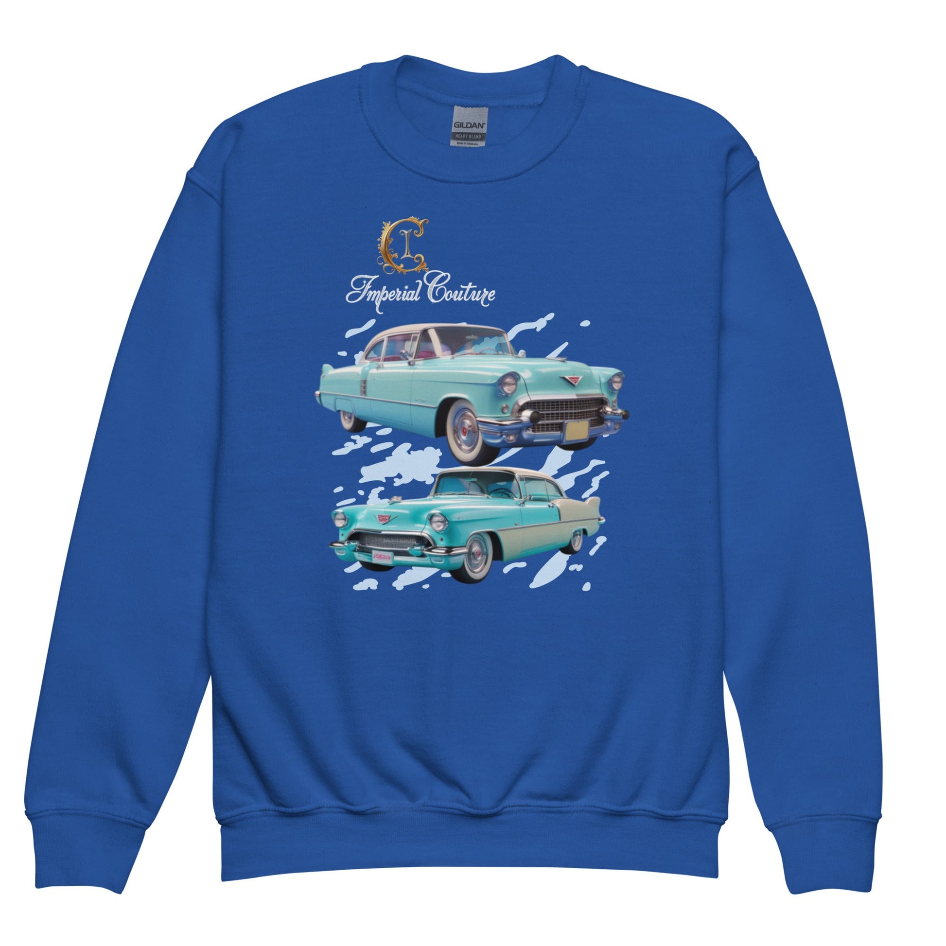 Imperial Couture youth crew neck sweatshirt with vintage car design in soft blue fleece fabric.