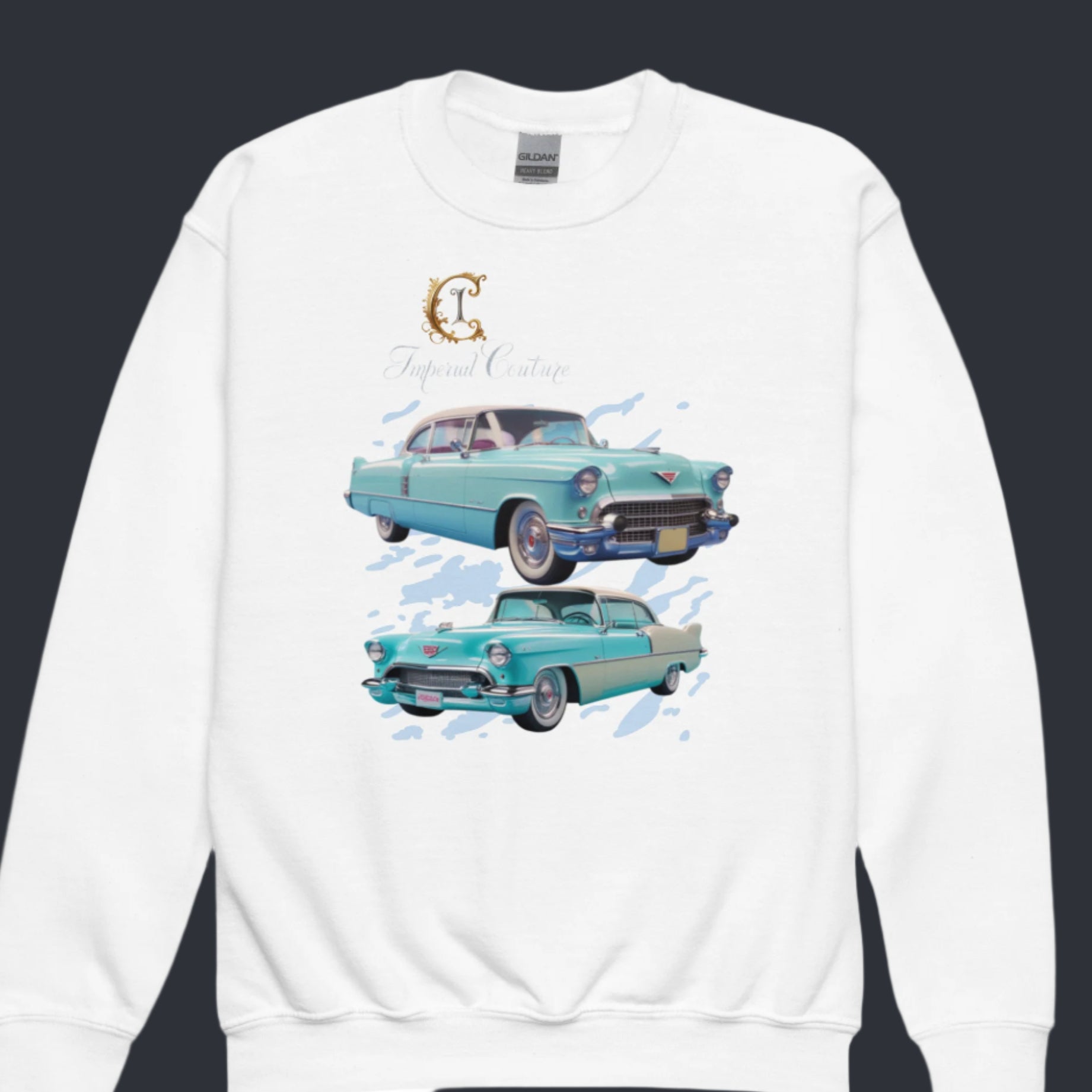 Imperial Couture Youth crew neck sweatshirt with vintage car design, soft fleece fabric.